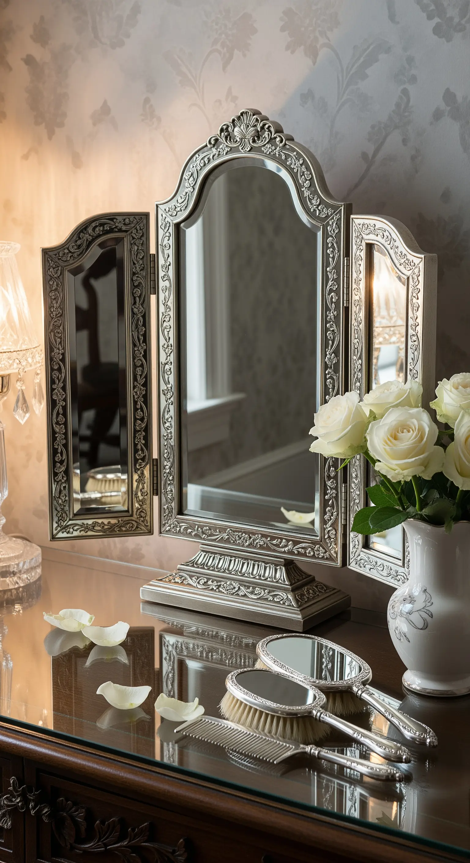 Romantischer Schminkplatz mit dreiteiligem Silberspiegel und weißen Rosen