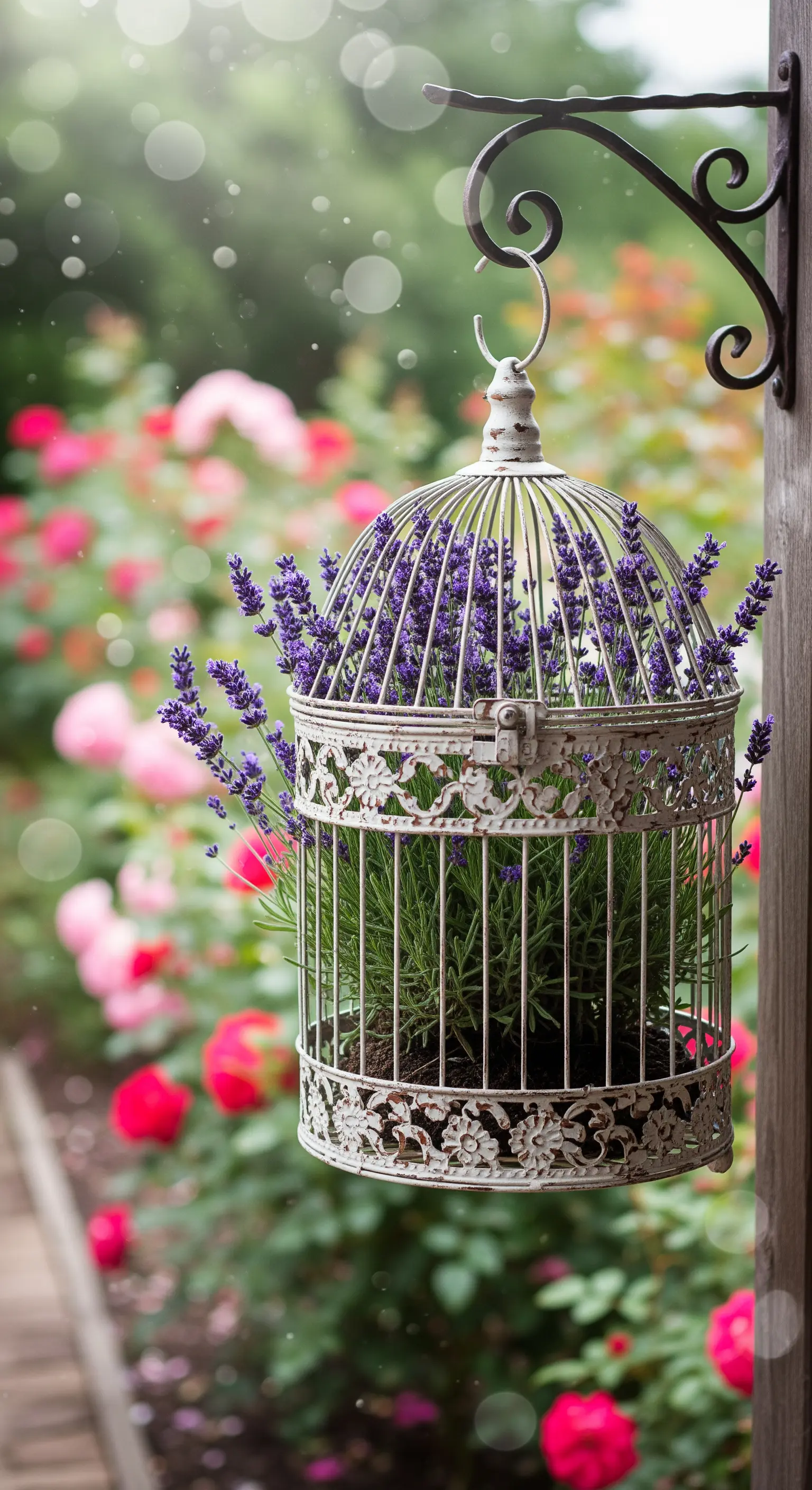 Weißer Vintage-Vogelkäfig bepflanzt mit Lavendel, hängend