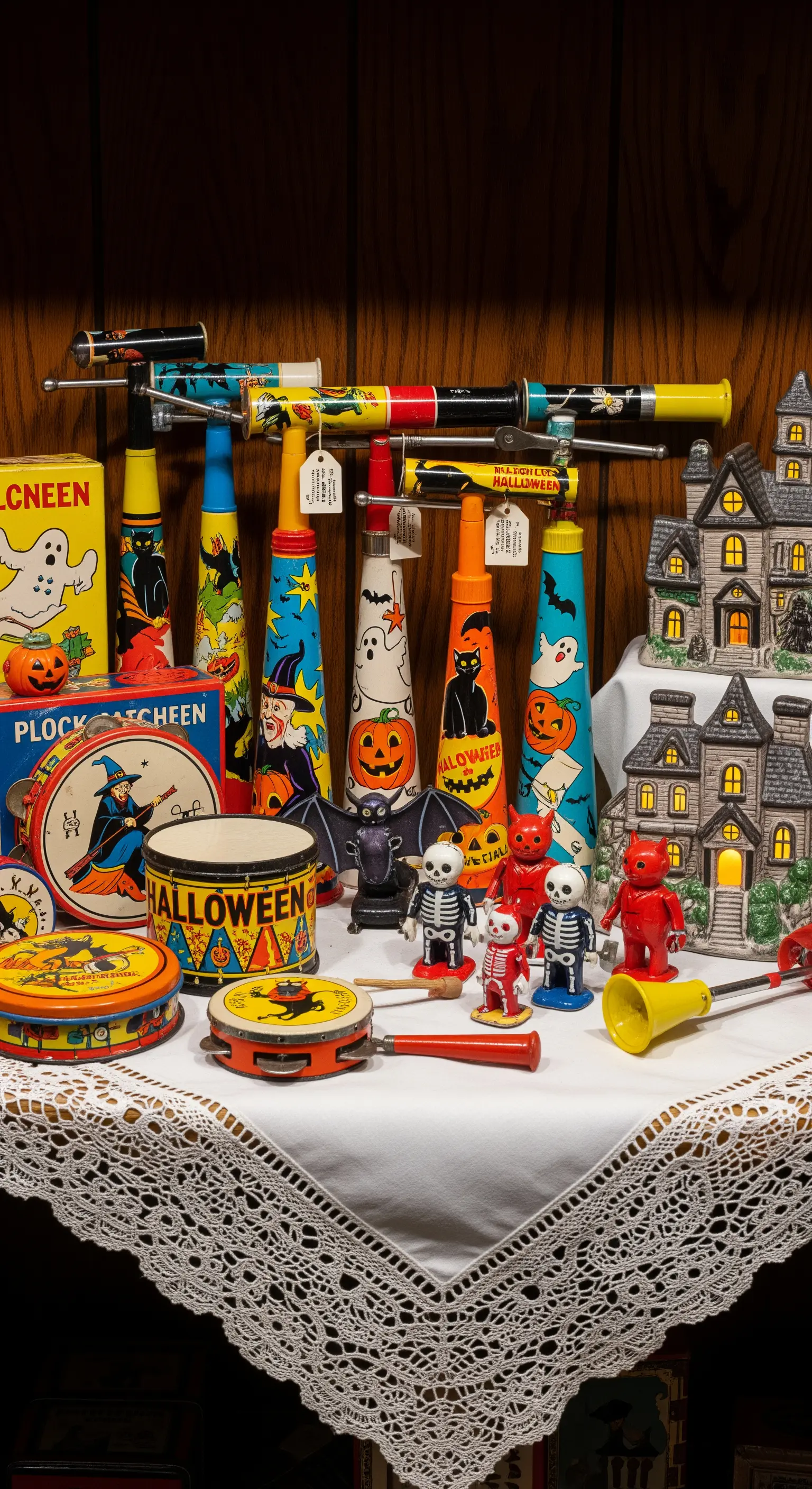 Sammlung von Vintage-Blechspielzeug auf Spitzendecke
