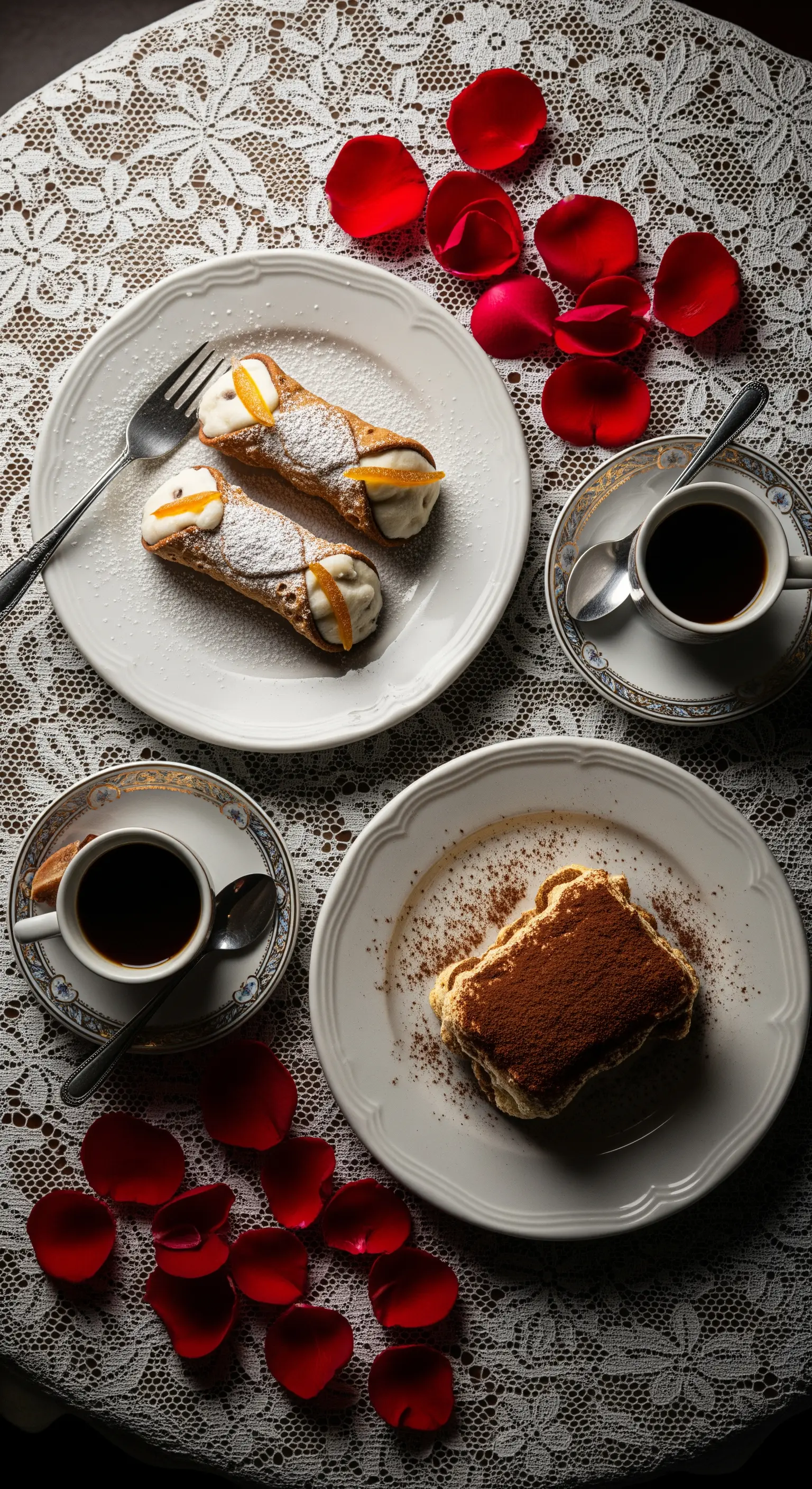 Cannoli auf Spitzendecke mit Rosenblättern und Espresso