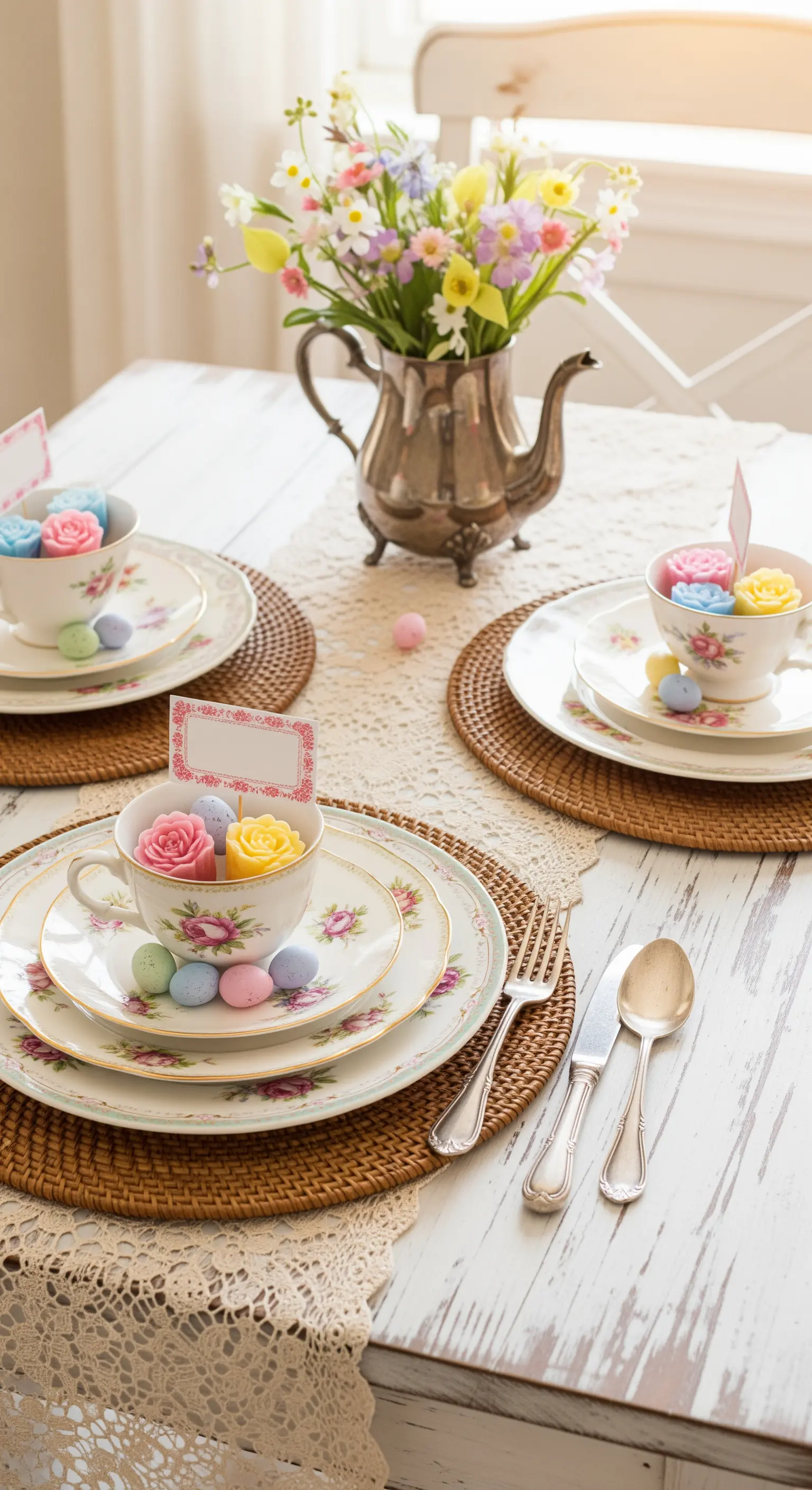 Vintage Teetassen mit Blumenmuster und Pastell-Eiern