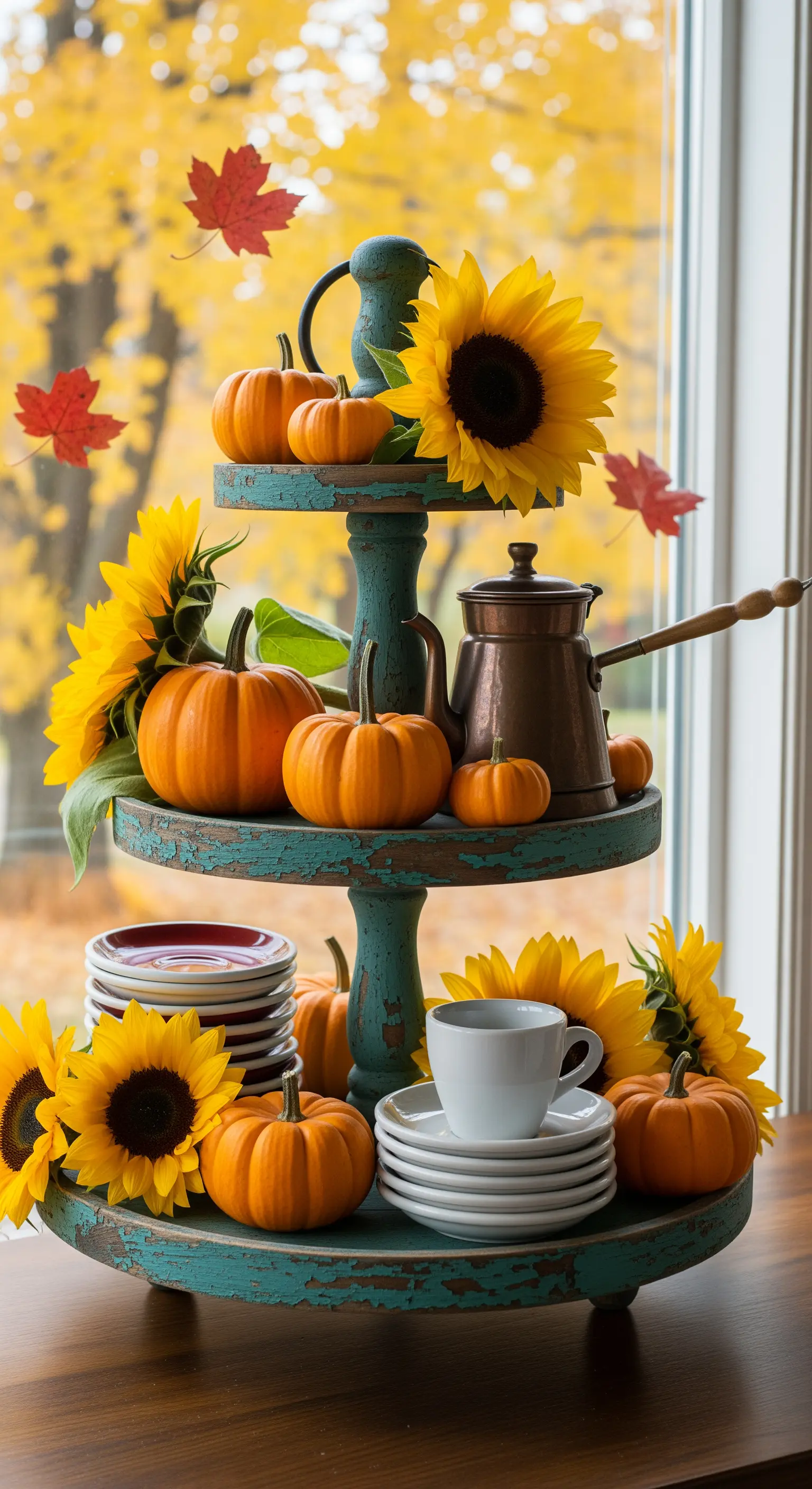 Türkise Vintage-Etagere mit Sonnenblumen, orangen Kürbissen und Kupferkanne