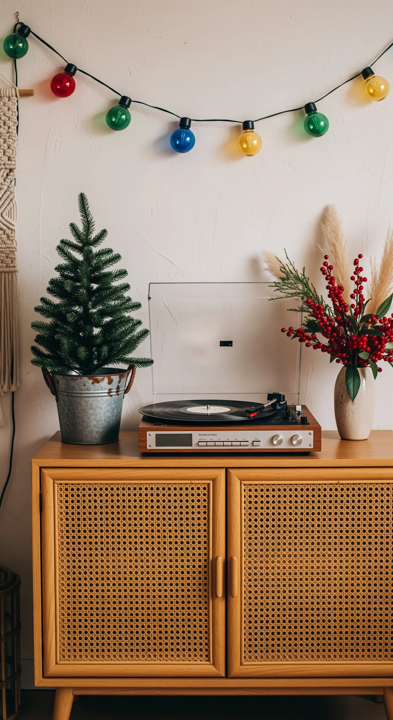 Plattenspieler auf Sideboard mit kleinen Bäumen und roten Beeren