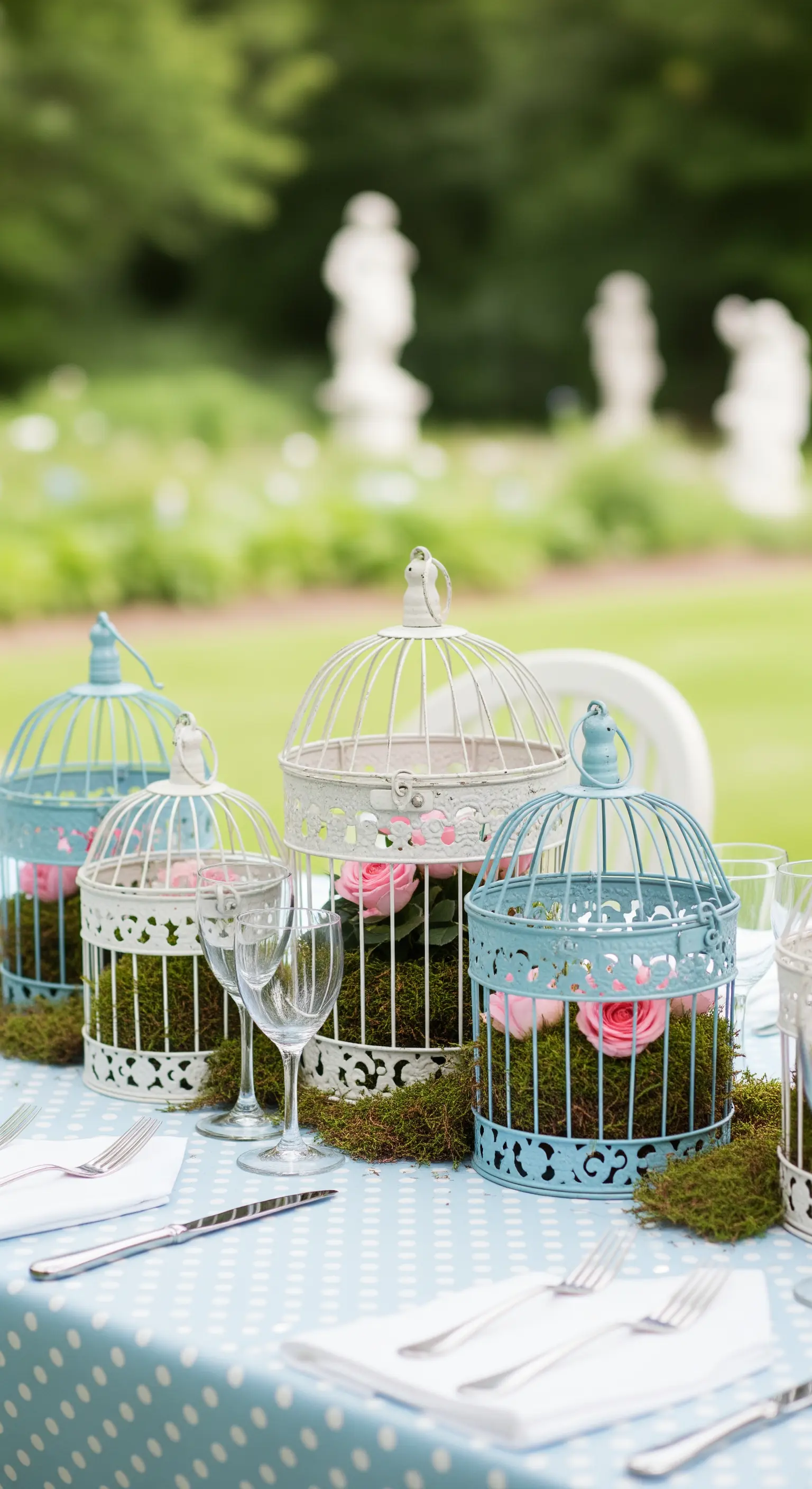 Pastellfarbene Vogelkäfige mit Moos und Rosen als Tischdeko