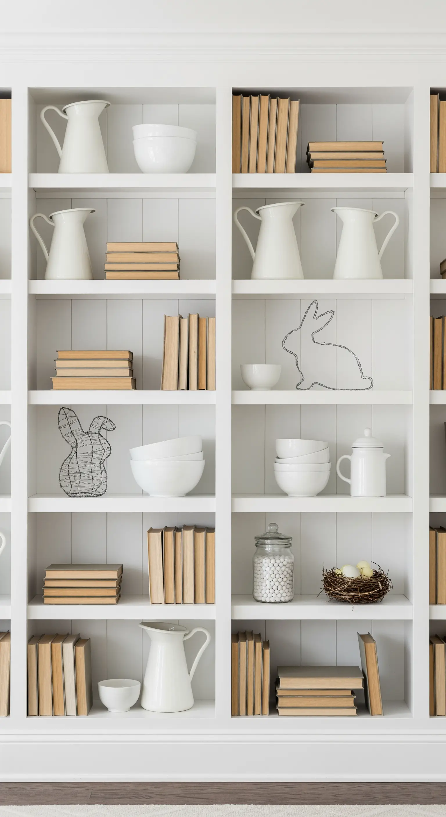 Weißes Regal mit umgedrehten Büchern und Deko