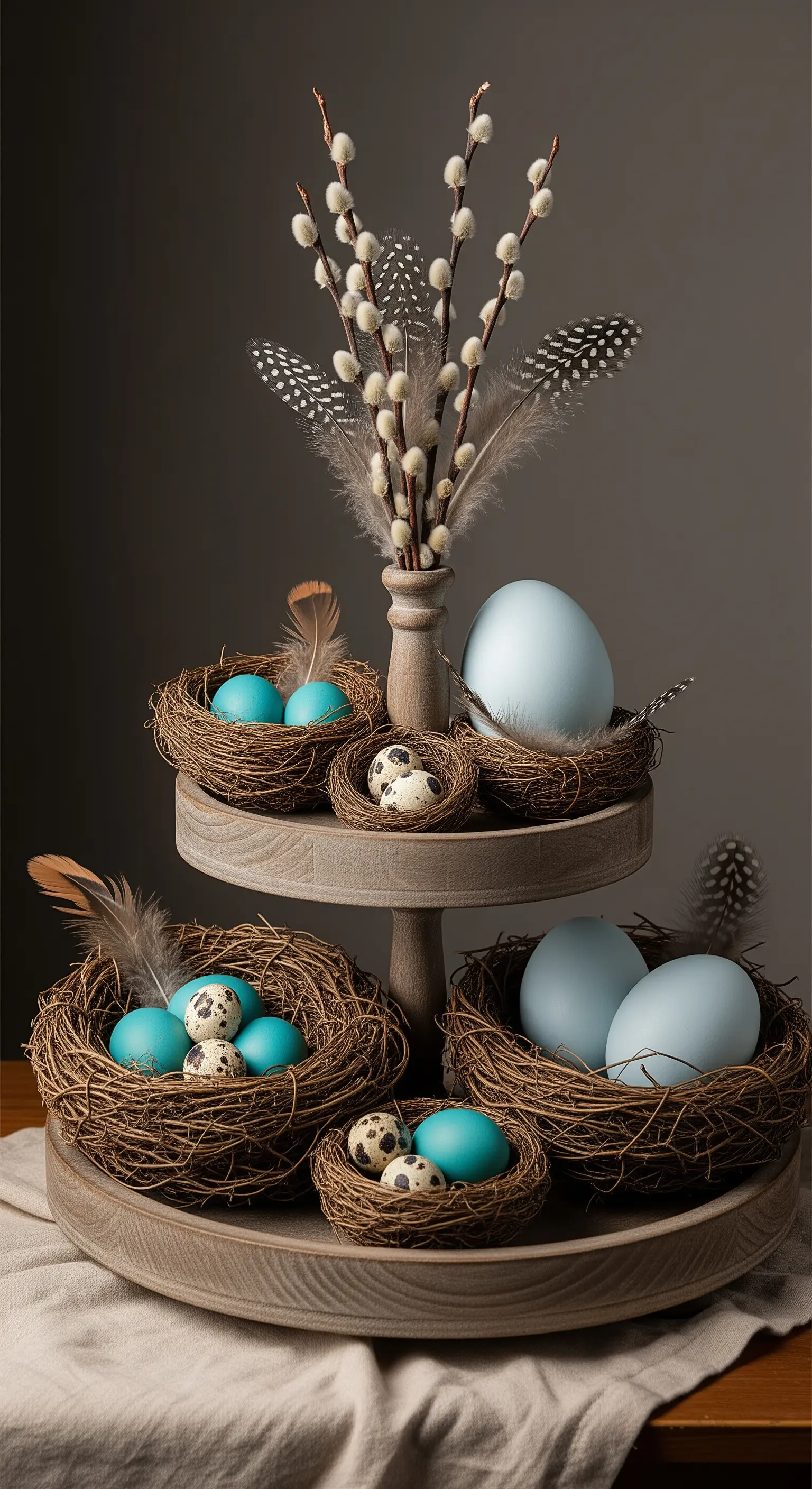 Holz-Etagere mit vielen Vogelnestern und blauen Eiern