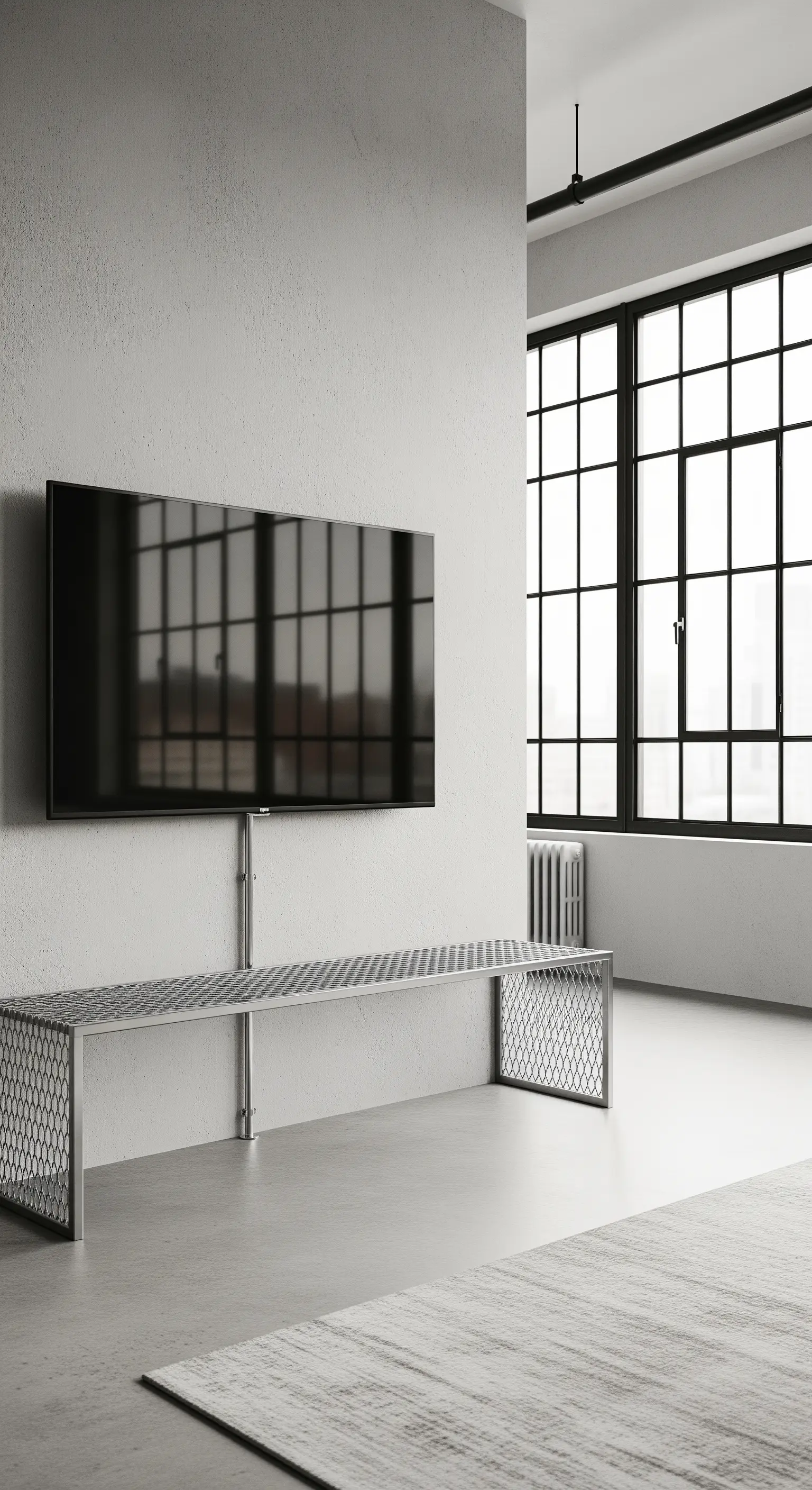 Niedriger TV auf Metallbank vor großem Fenster