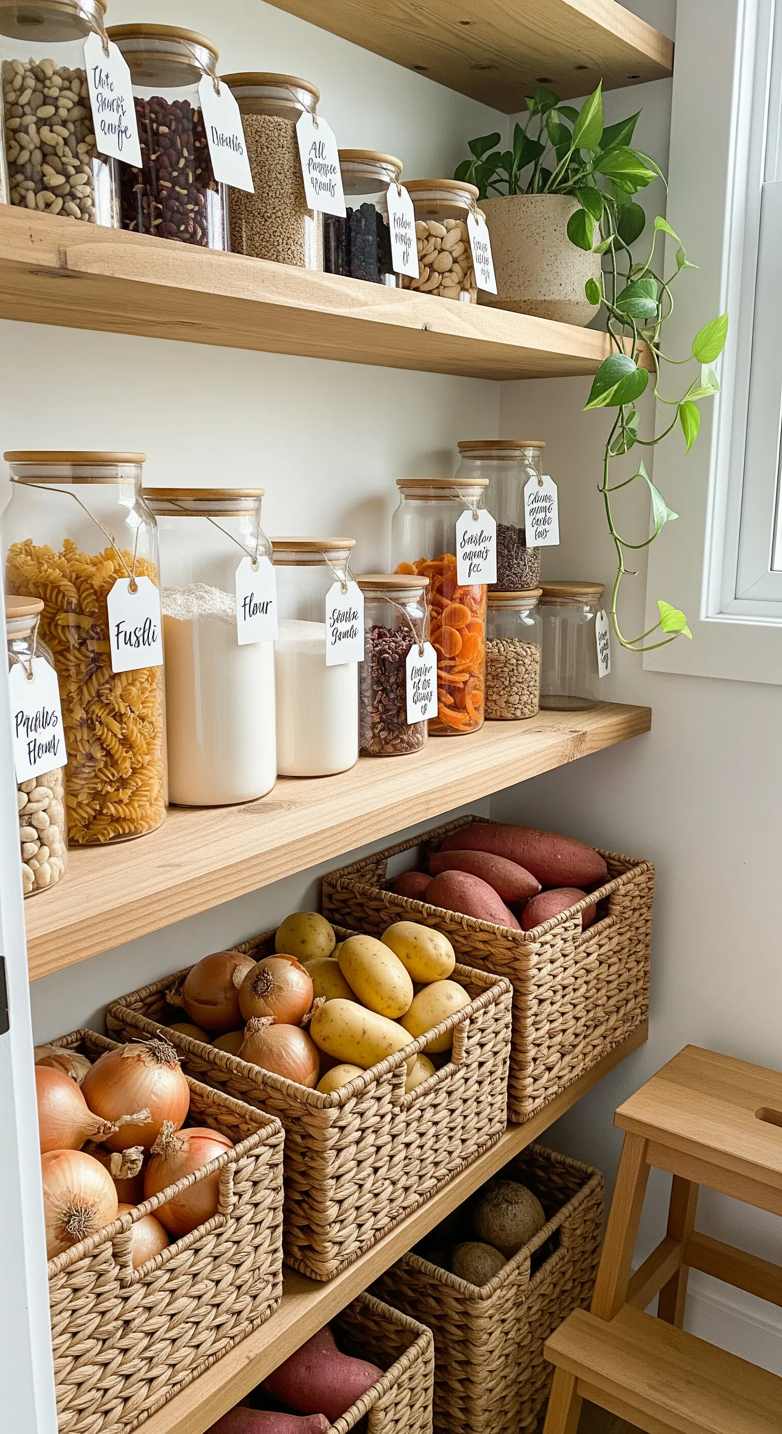 Regale mit Nudeln und Vorräten in Gläsern mit Holzdeckeln