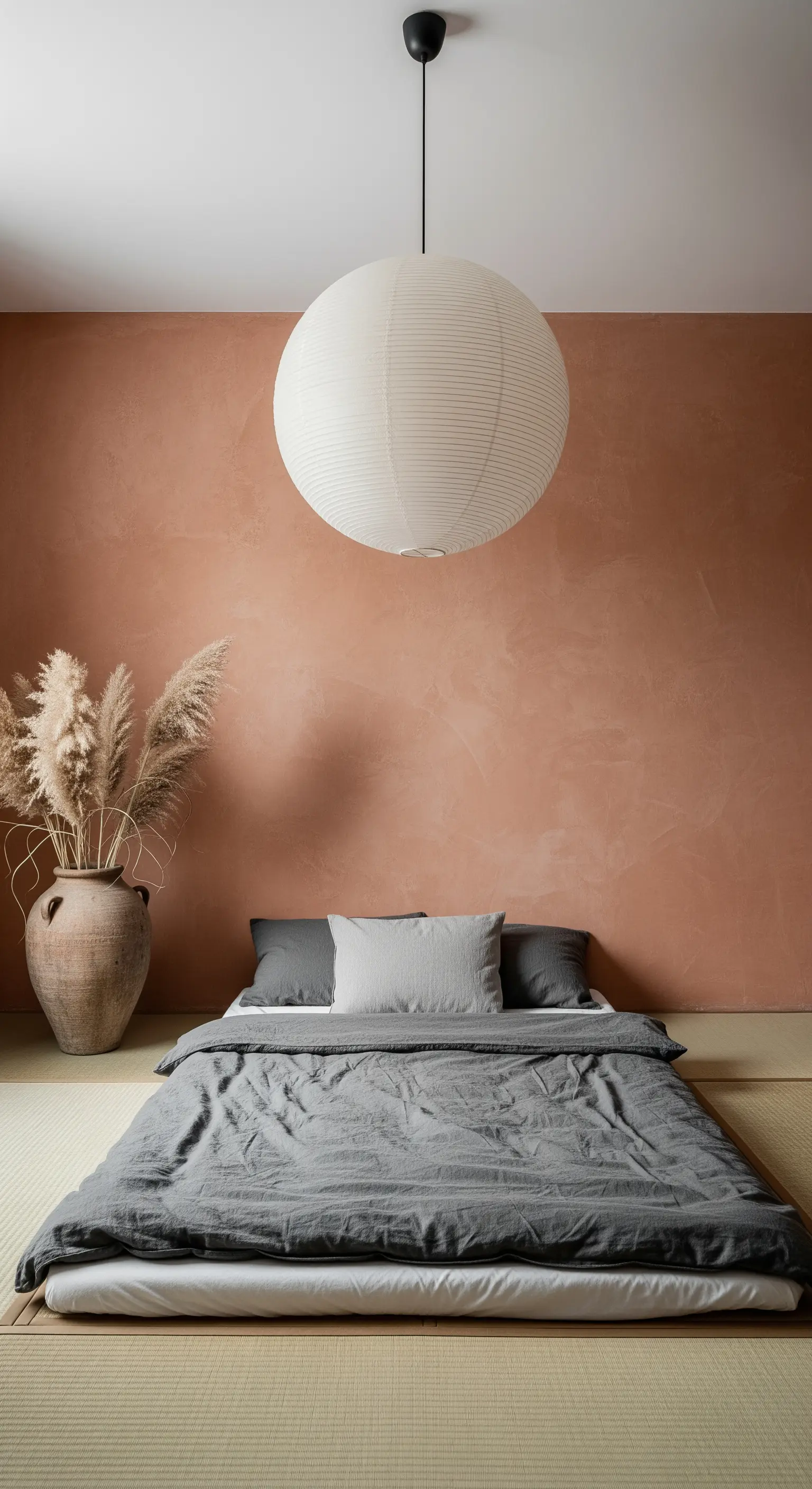 Minimalistisches Schlafzimmer mit Terrakotta-Wand und Papierlampe