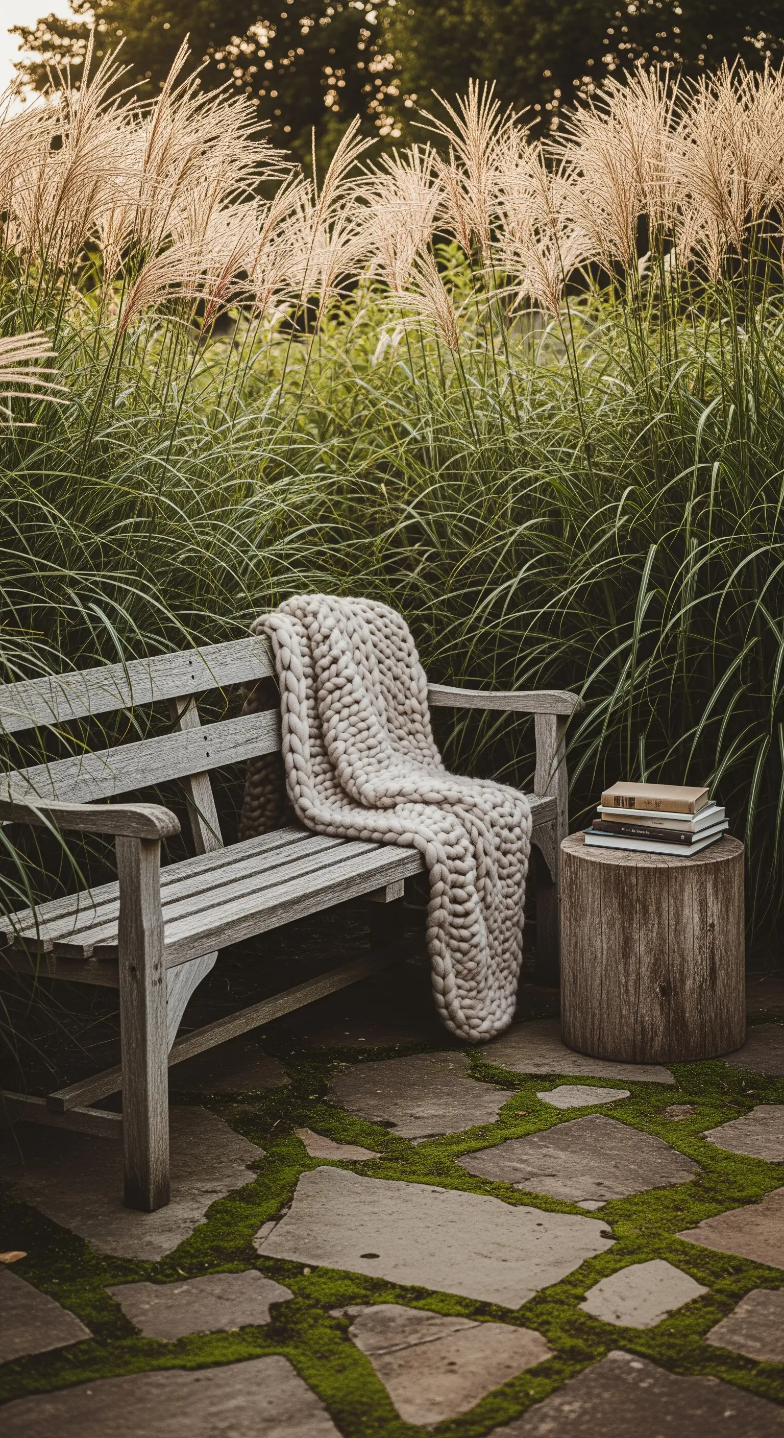 Verwitterte Gartenbank mit Strickdecke vor Gräsern