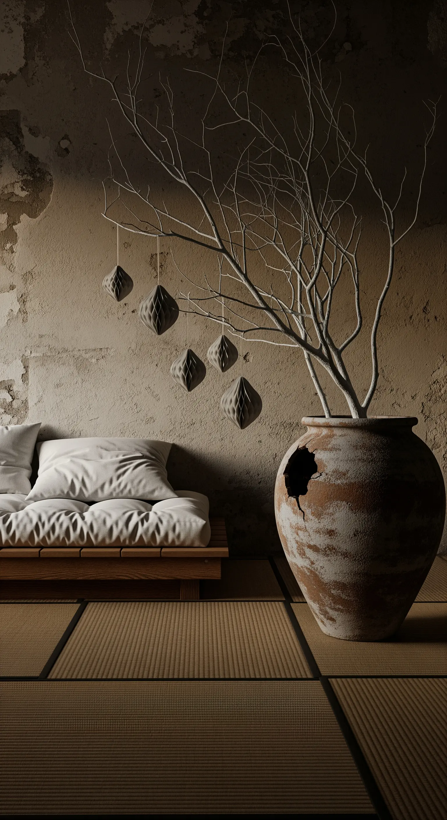 Verwitterte Vase mit weißem Ast und Papieranhängern