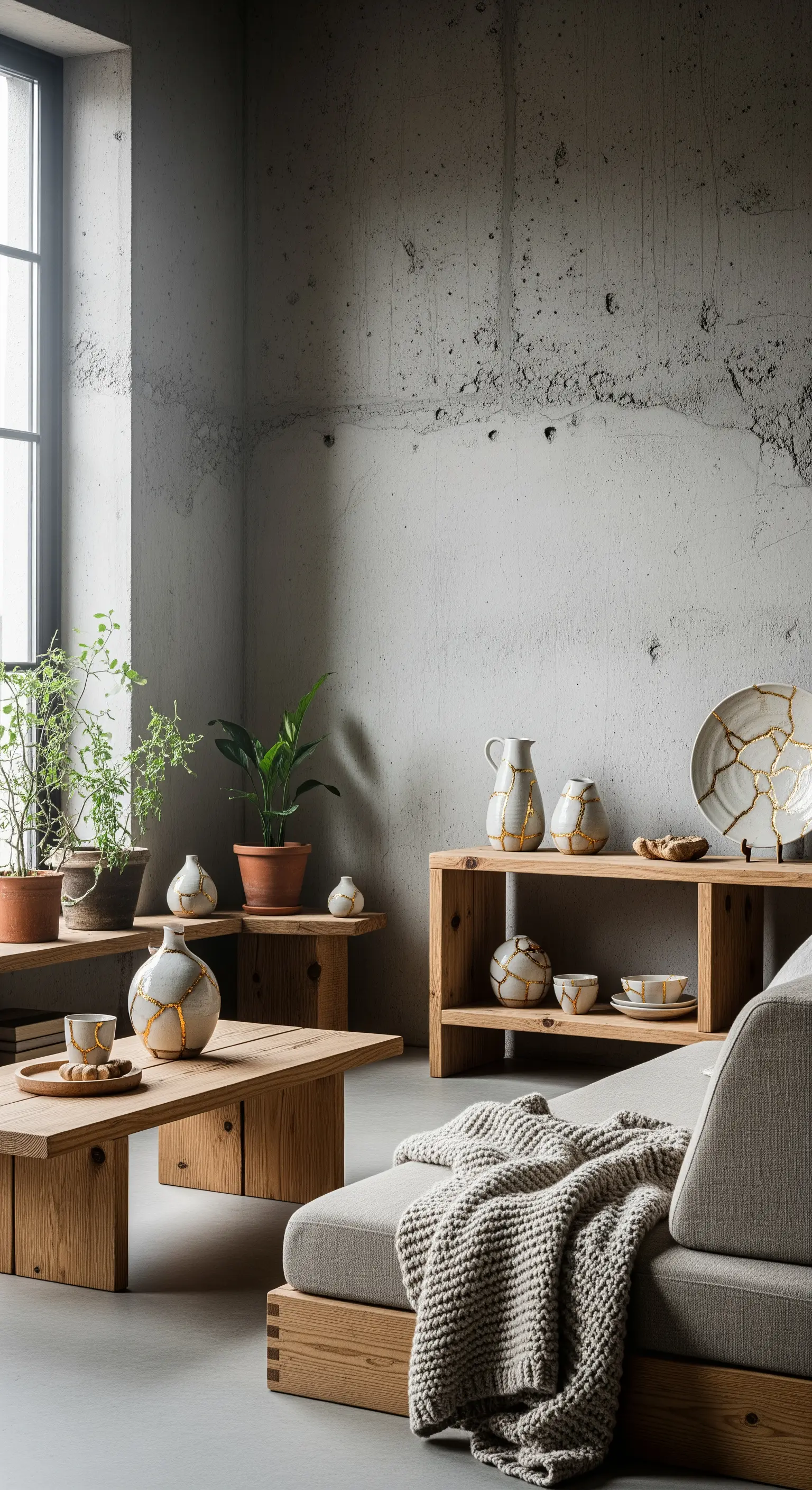 Regal mit Kintsugi-Keramik und minimalistischer Einrichtung