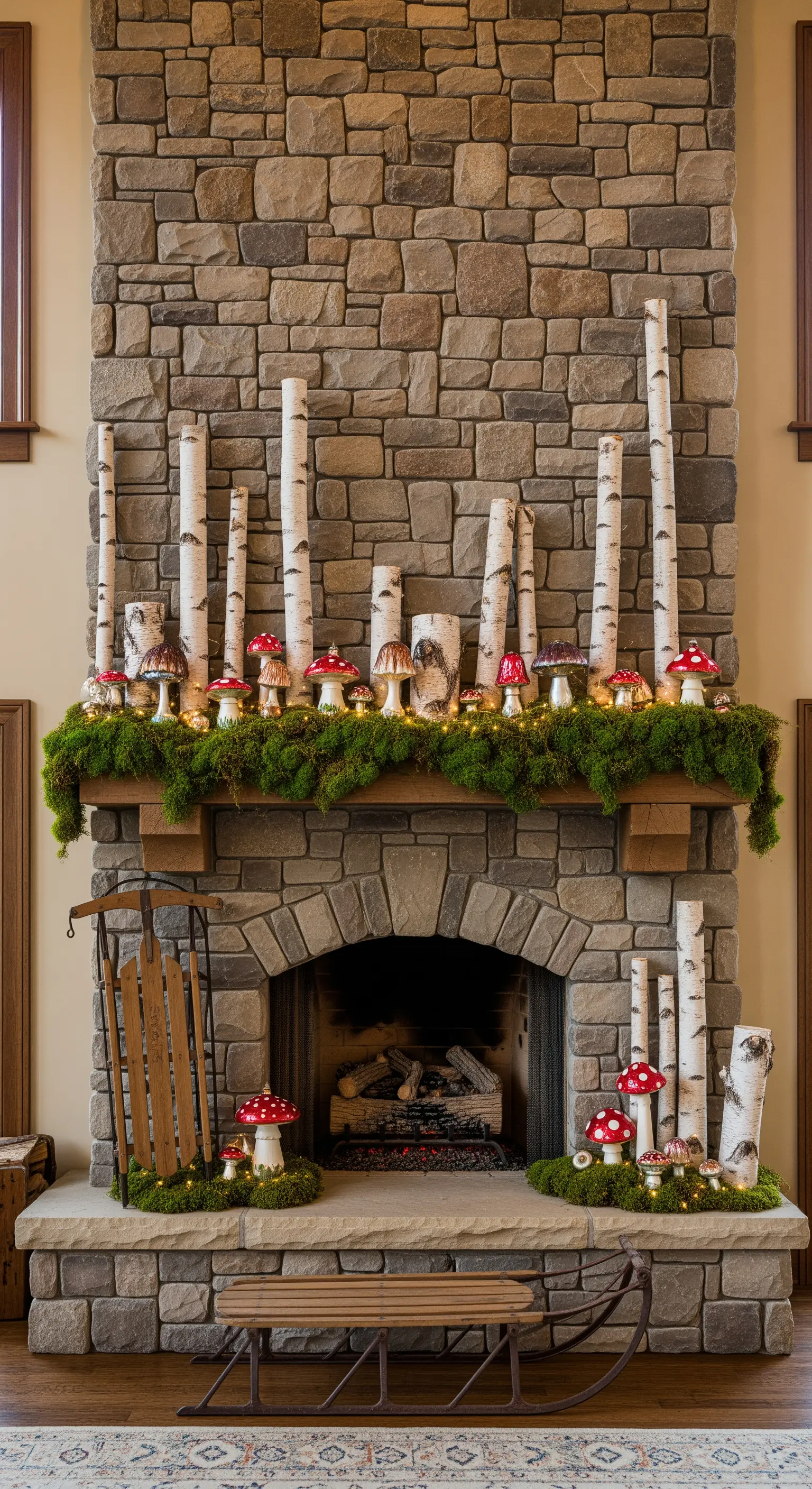 Steinkamin mit Birkenstämmen, Moos und roten Pilzen