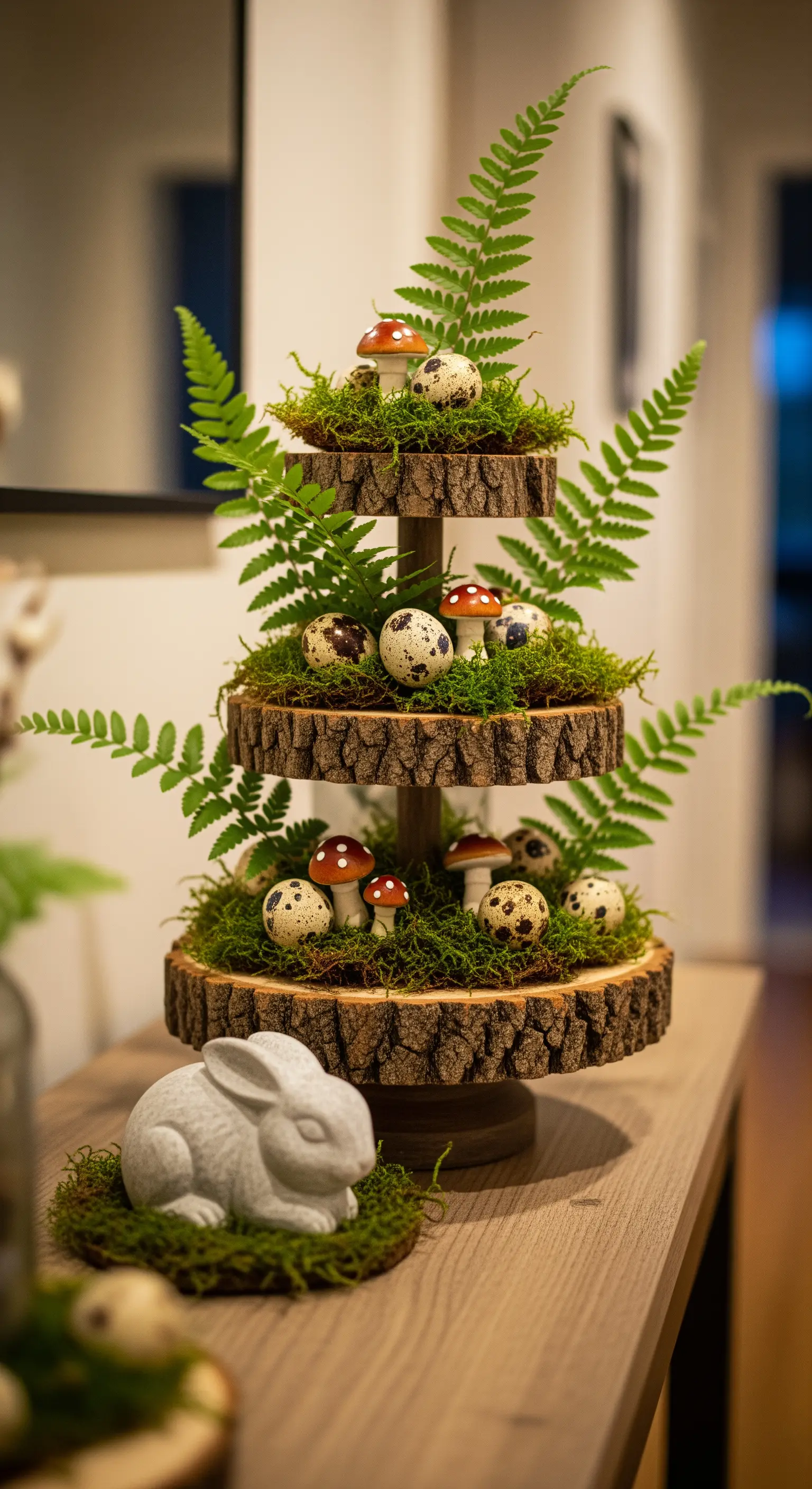 Holzscheiben-Etagere mit Farn, Moos und Pilzen