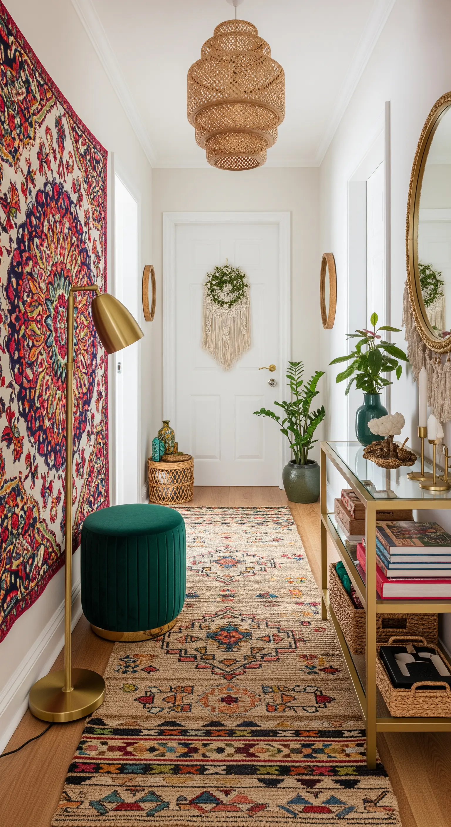 Bunter großer Wandteppich und grüner Samthocker