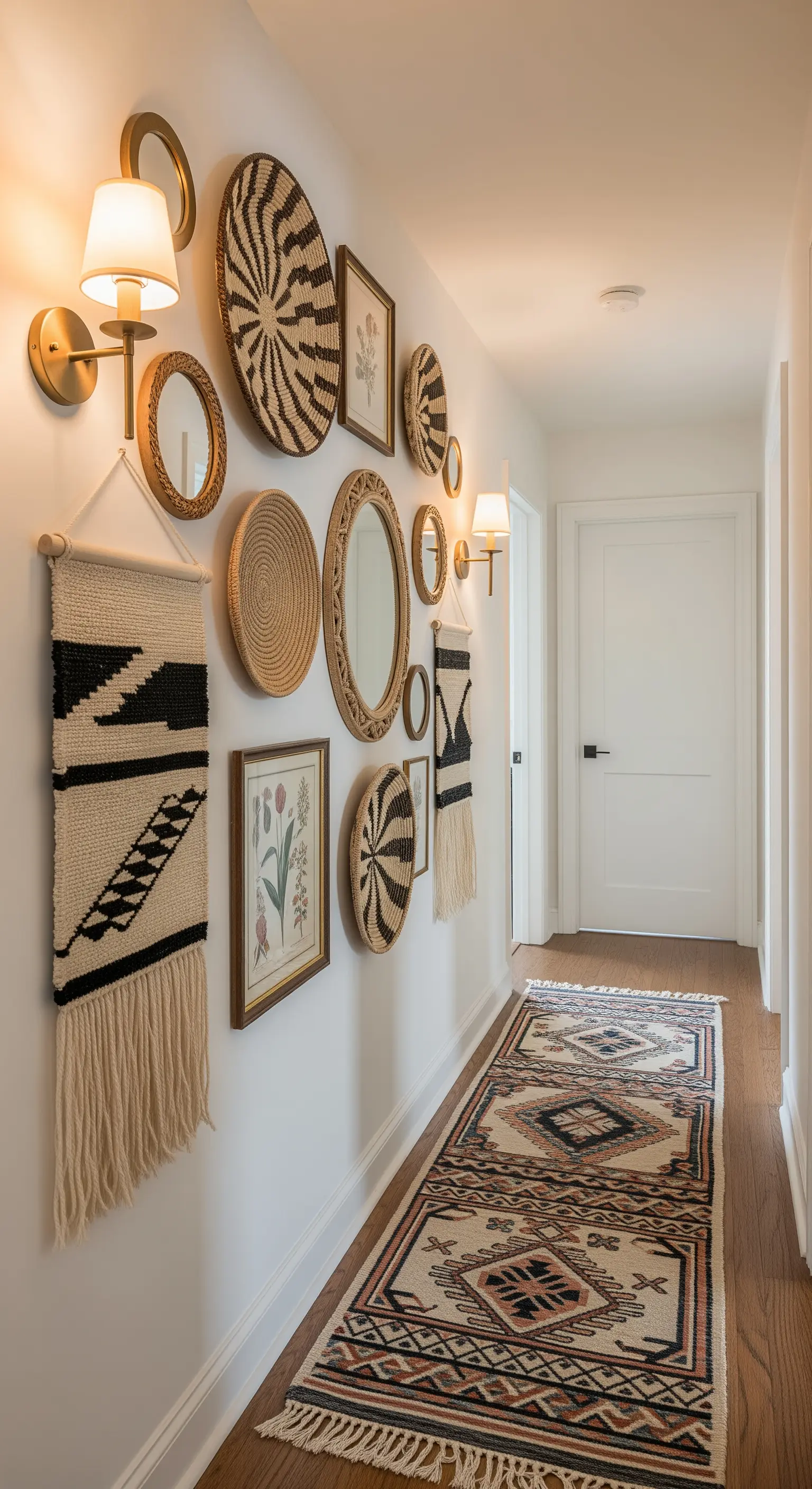 Flur mit gewebten Wandbehängen und gemustertem Läufer