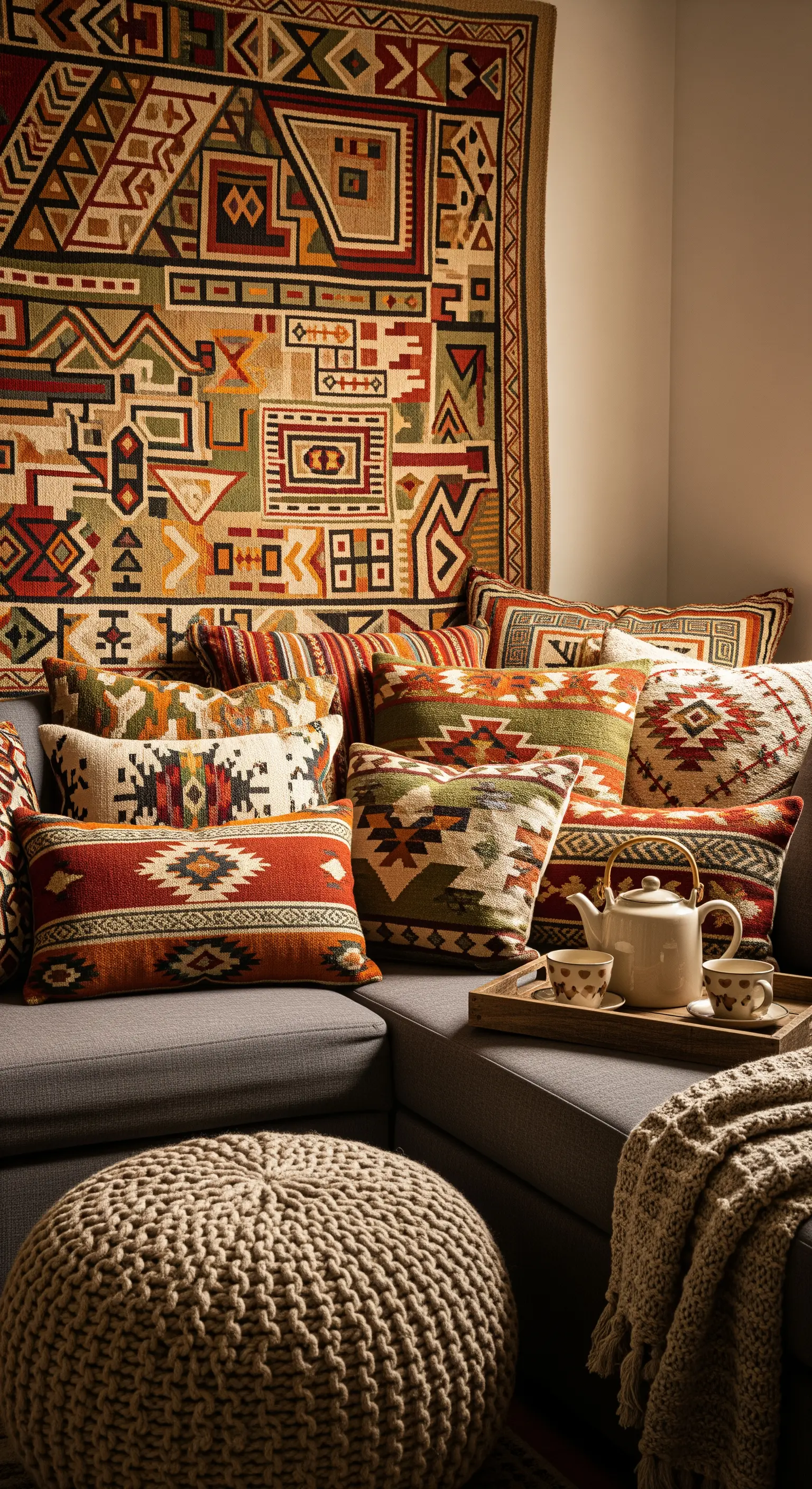 Wohnzimmer mit buntem Wandteppich und grauen Sofa