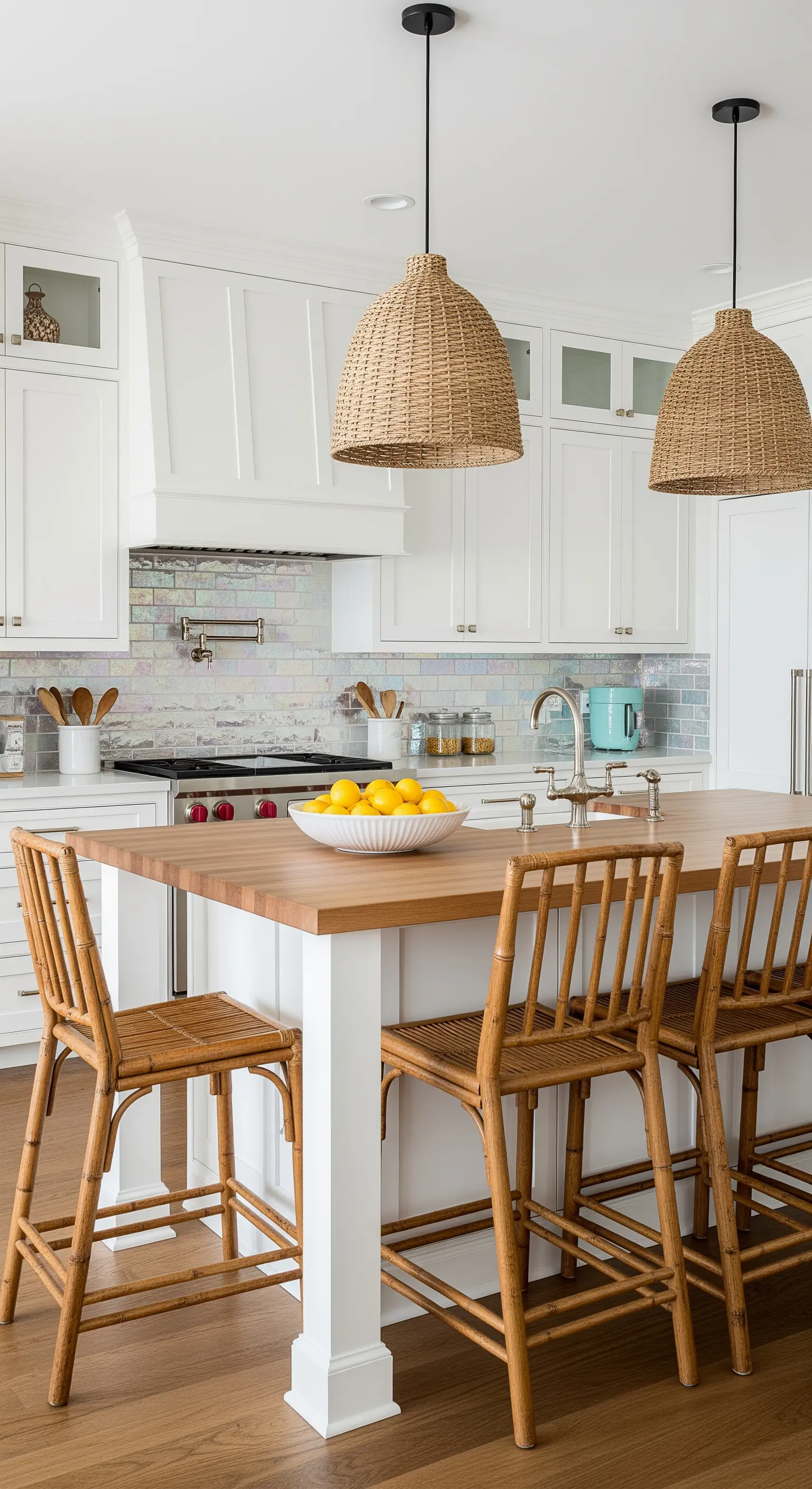 Weiße Küche mit Rattanlampen und Zitronenschale