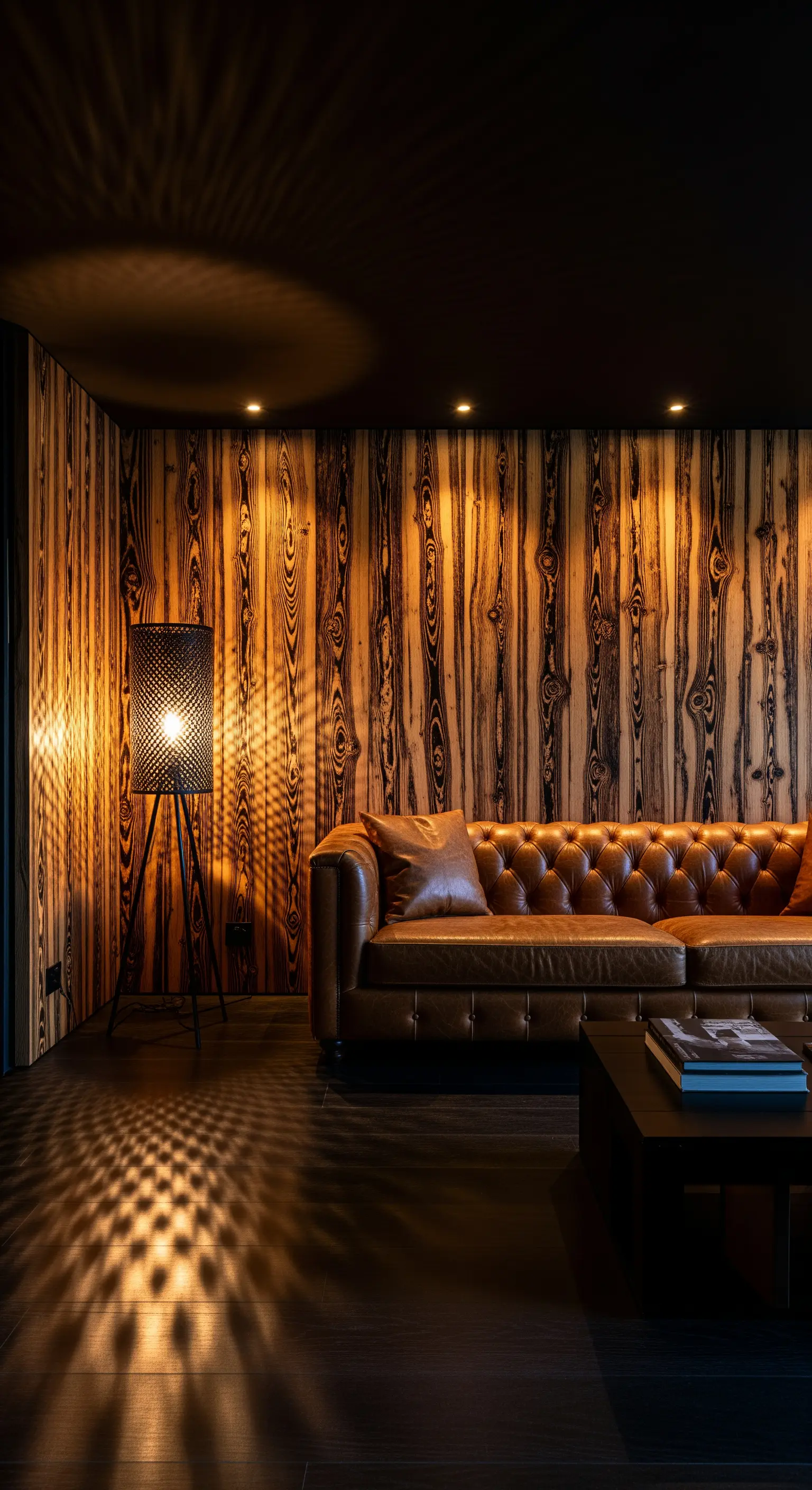 Stehlampe wirft Muster auf Holzwand