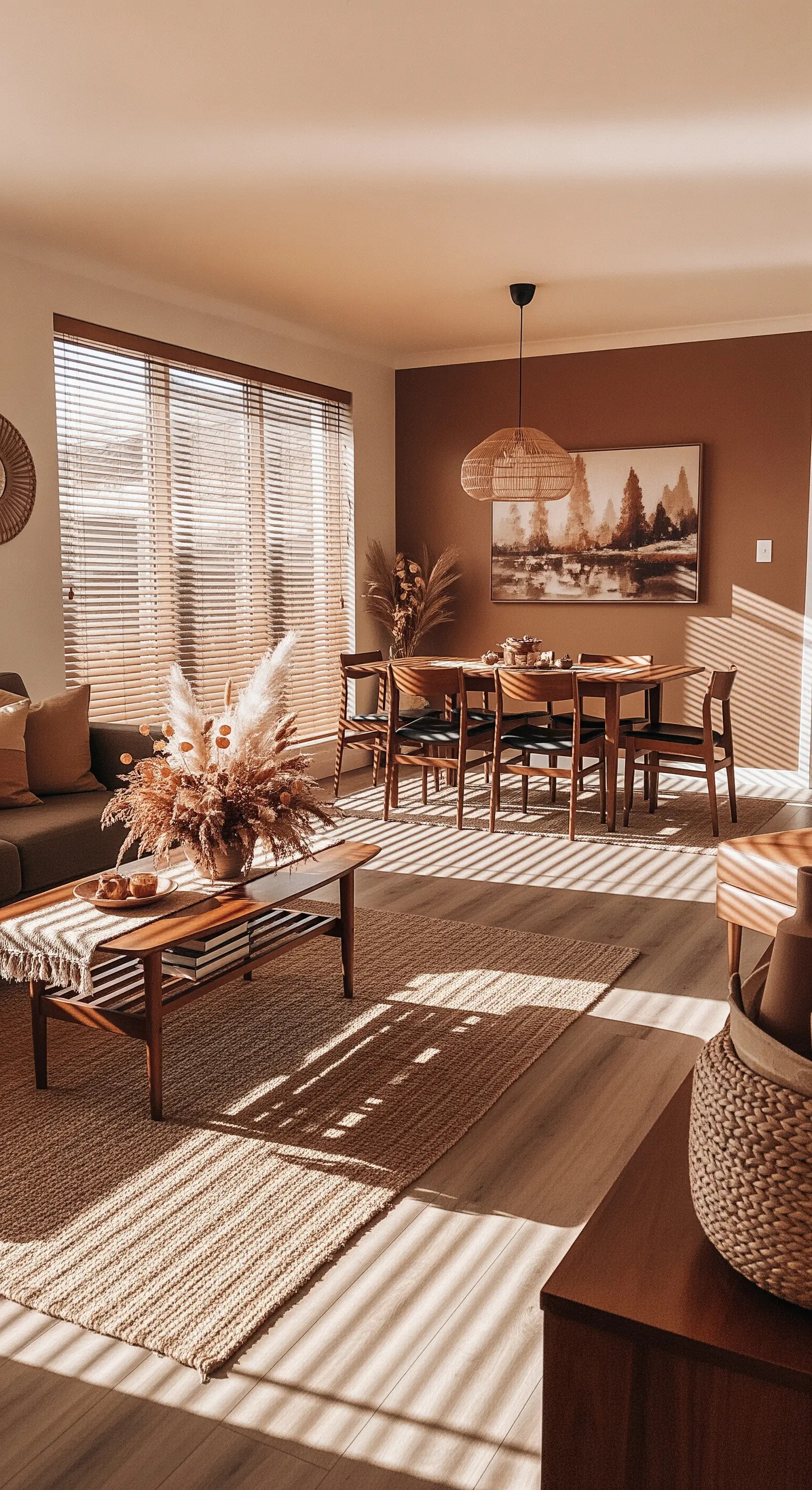 Essbereich mit braunen Wänden und Trockenblumen