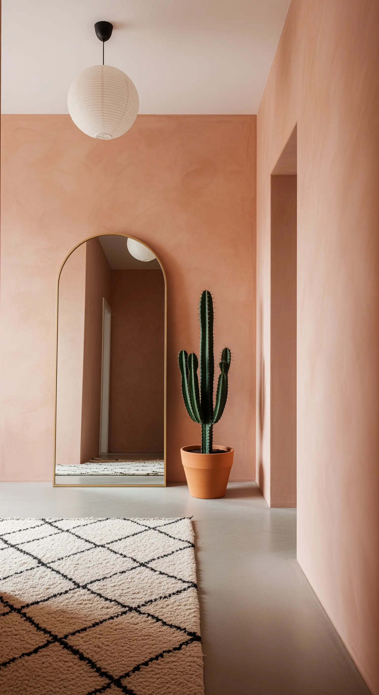 Minimalistischer Flur in Pfirsichfarben mit Bogen-Spiegel
