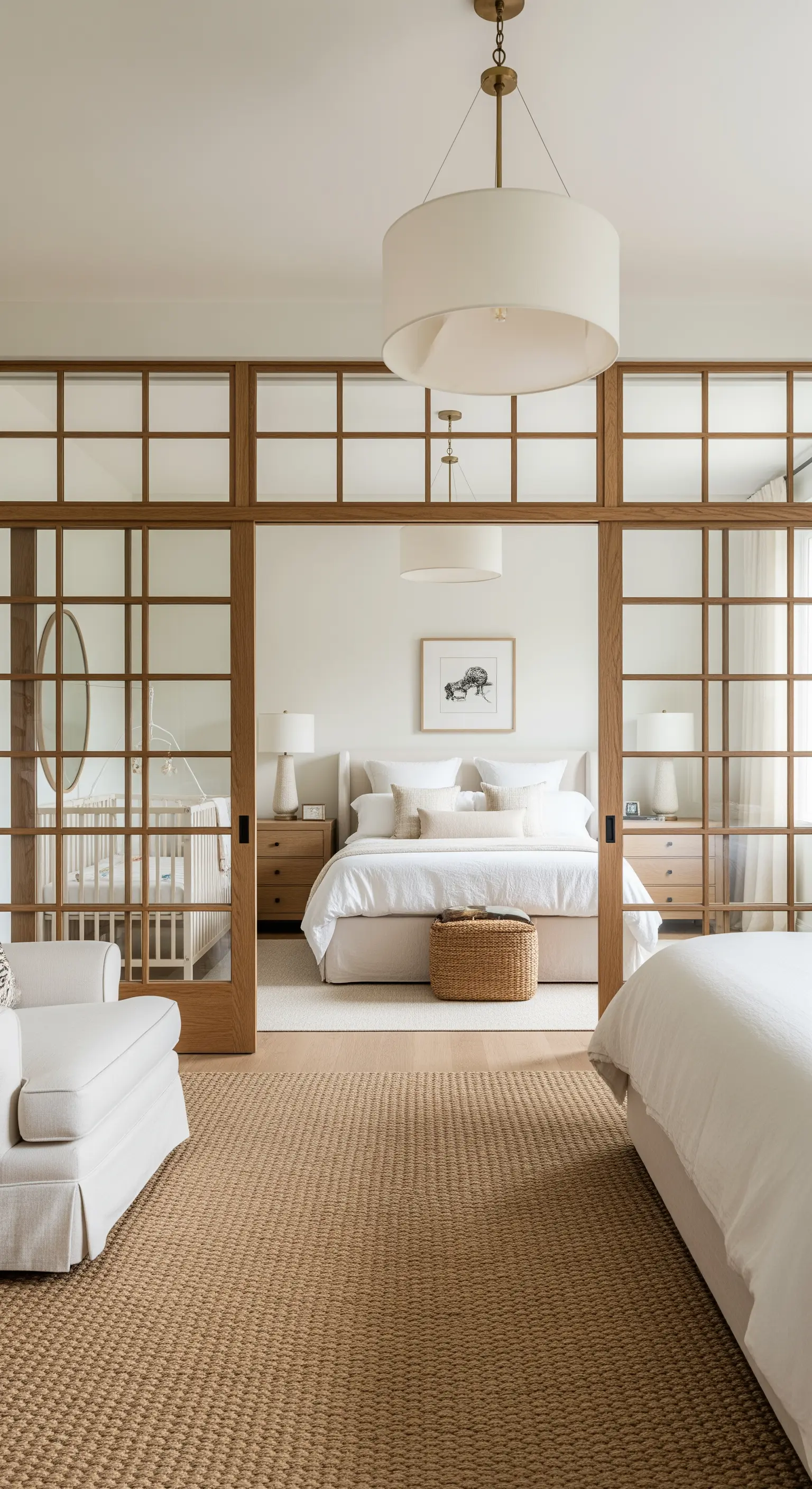 Schlafzimmer mit Holz-Glas-Trennwand im japanischen Stil