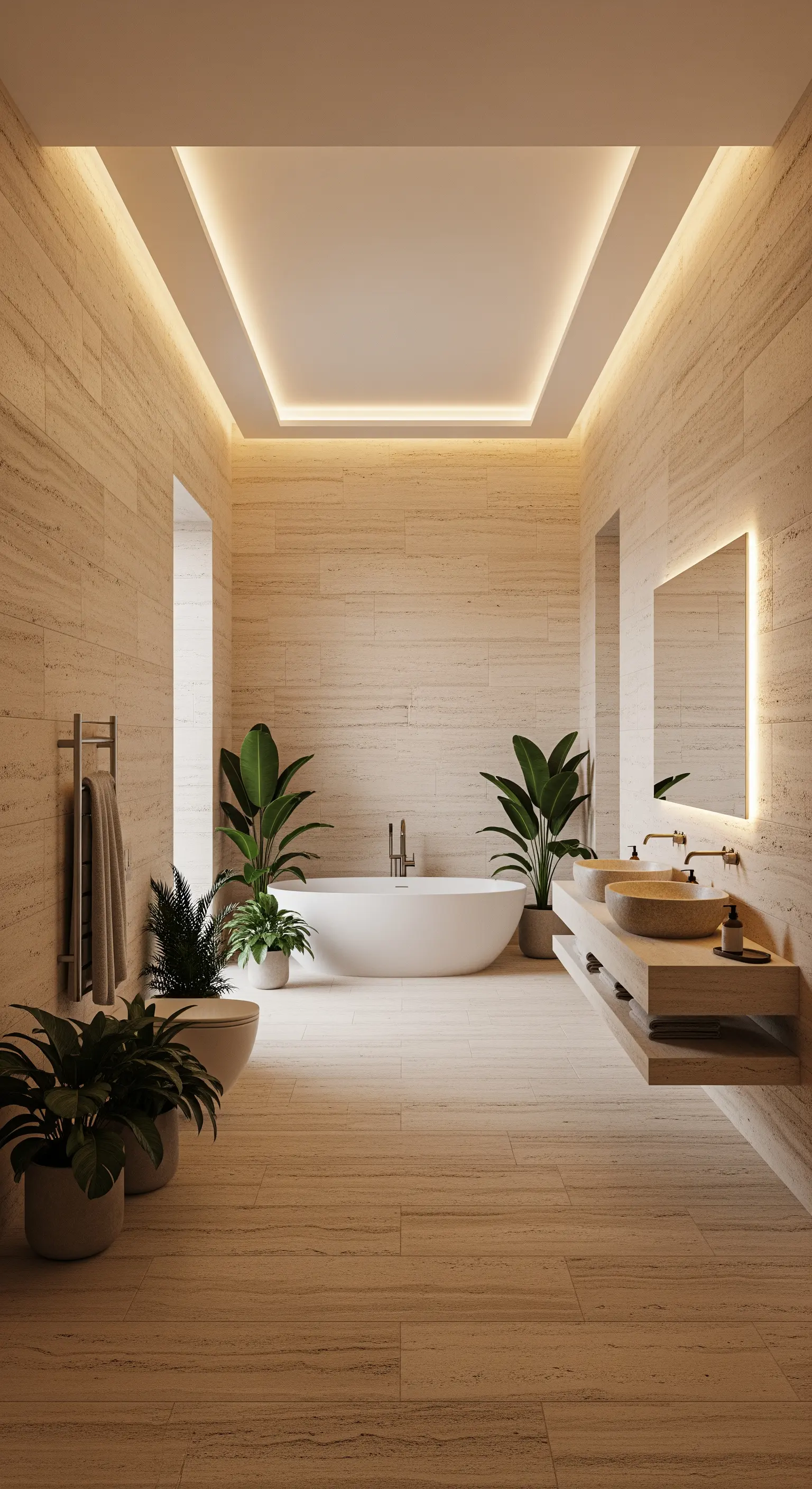 Indirekte Deckenbeleuchtung in beige gefliestem Badezimmer mit Travertin-Optik
