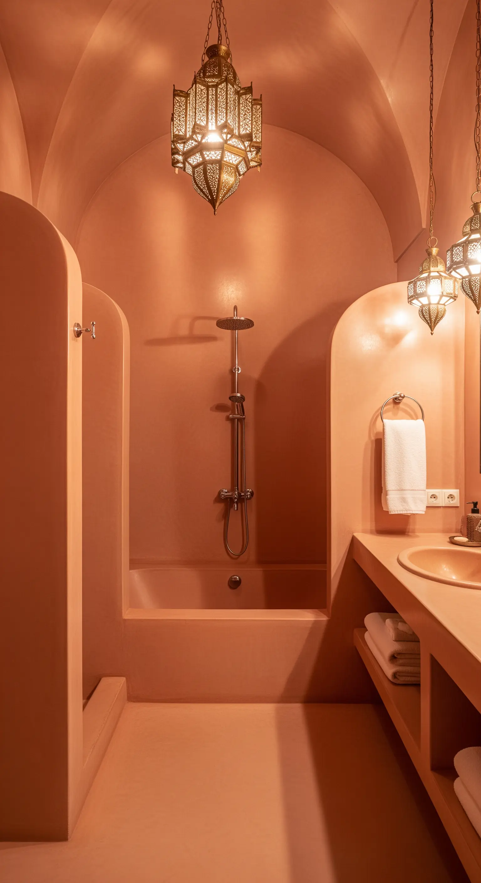 Badezimmer in Terracotta-Optik mit orientalischer Hängelampe