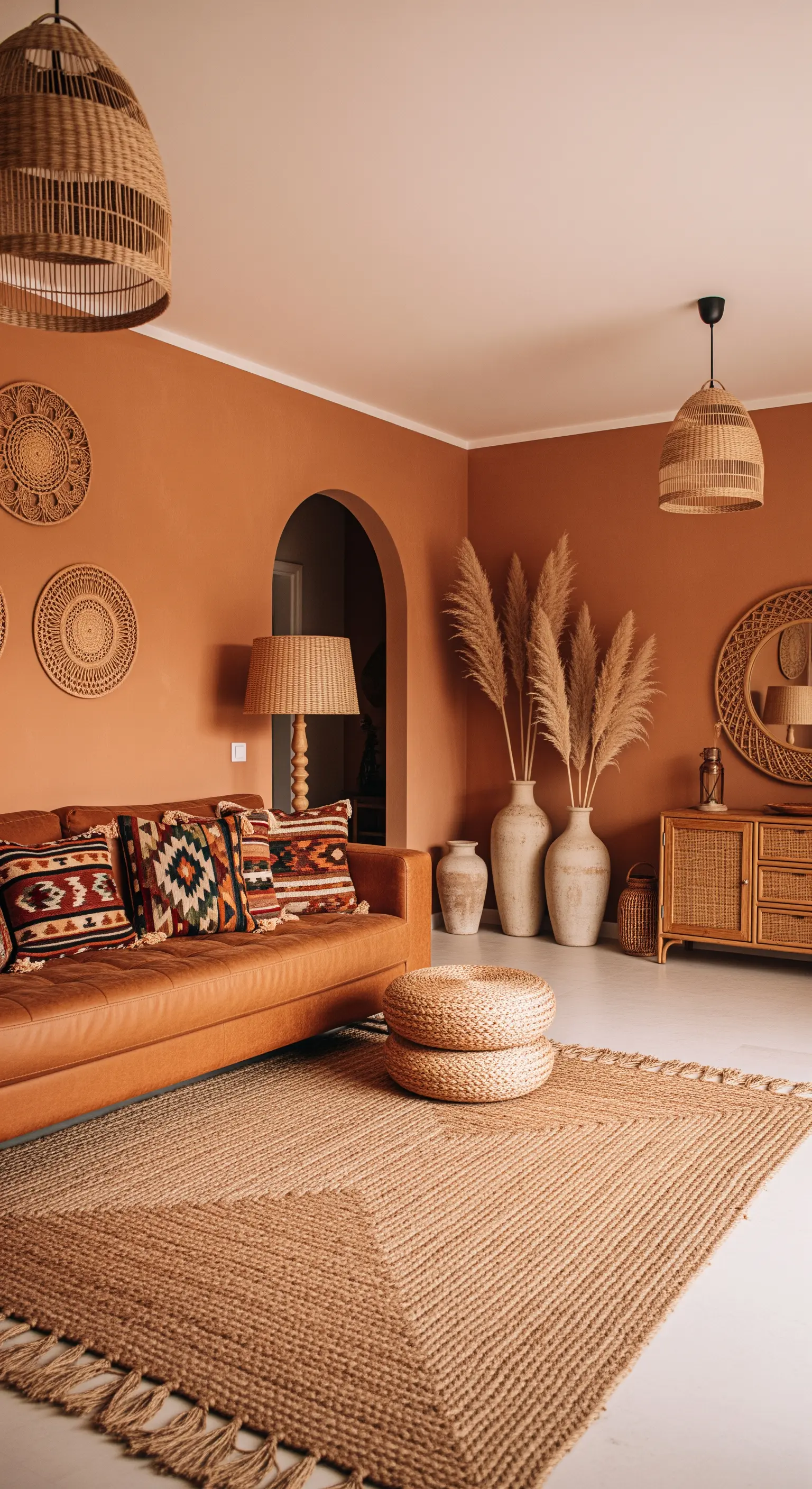 Wohnzimmer mit terrakottafarbenen Wänden und Pampasgras-Deko