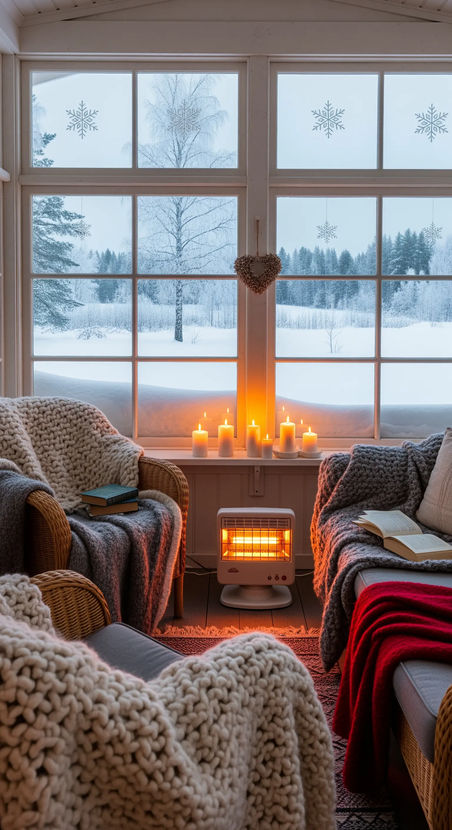 Wintergarten mit Korbsesseln, Heizlüfter und Blick auf Schnee