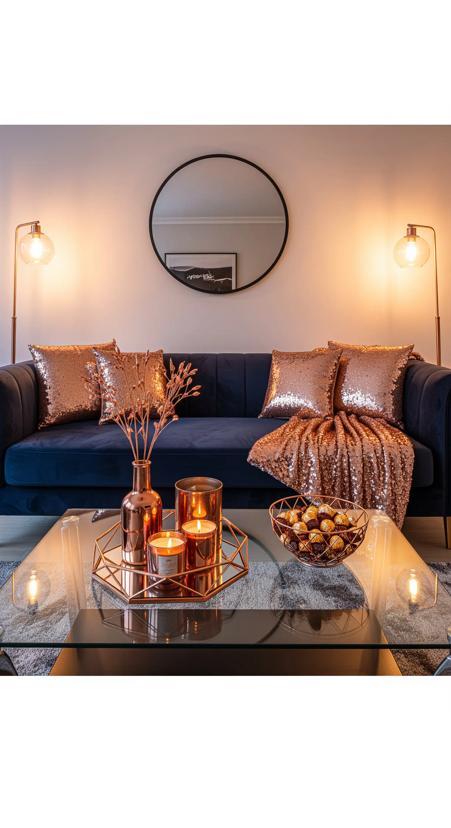 Dunkelblaues Sofa mit kupferfarbenen Paillettenkissen