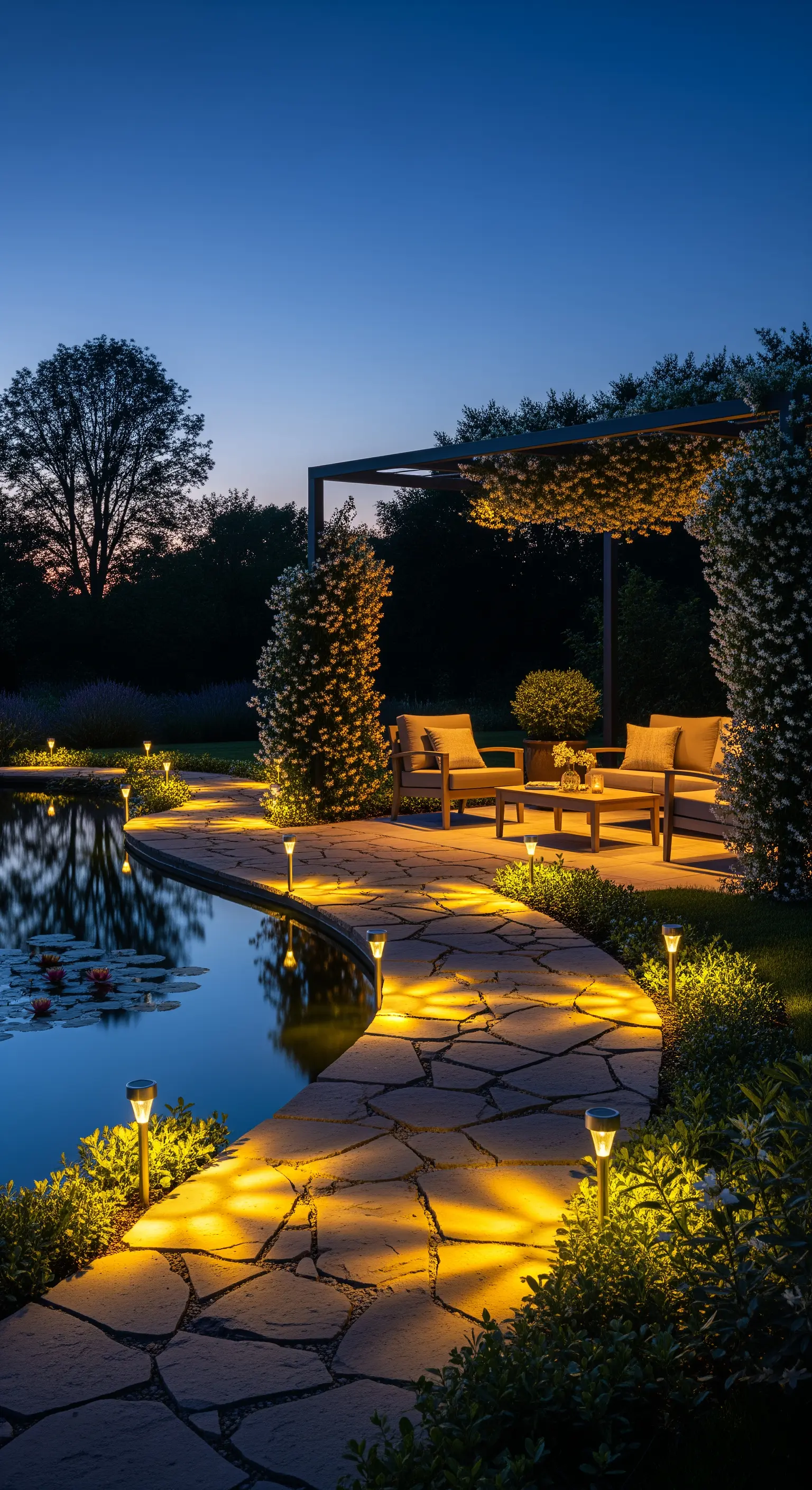 Beleuchteter Steinweg bei Nacht