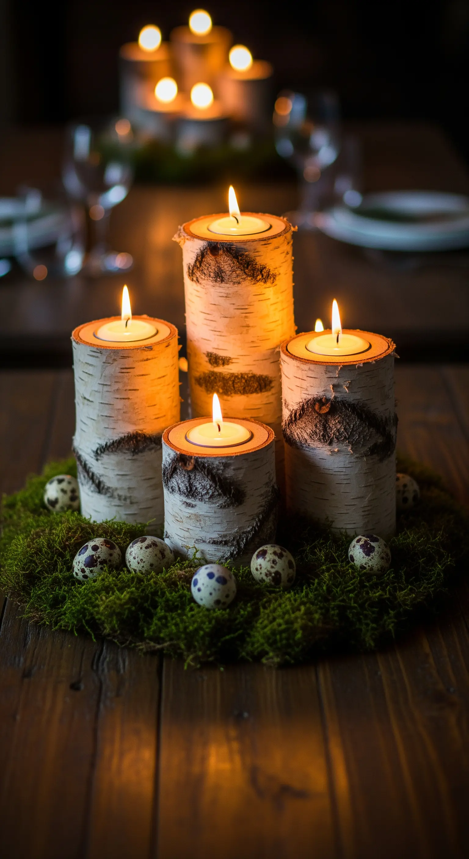 Birkenstamm-Kerzenhalter auf Moosbett mit Wachteleiern