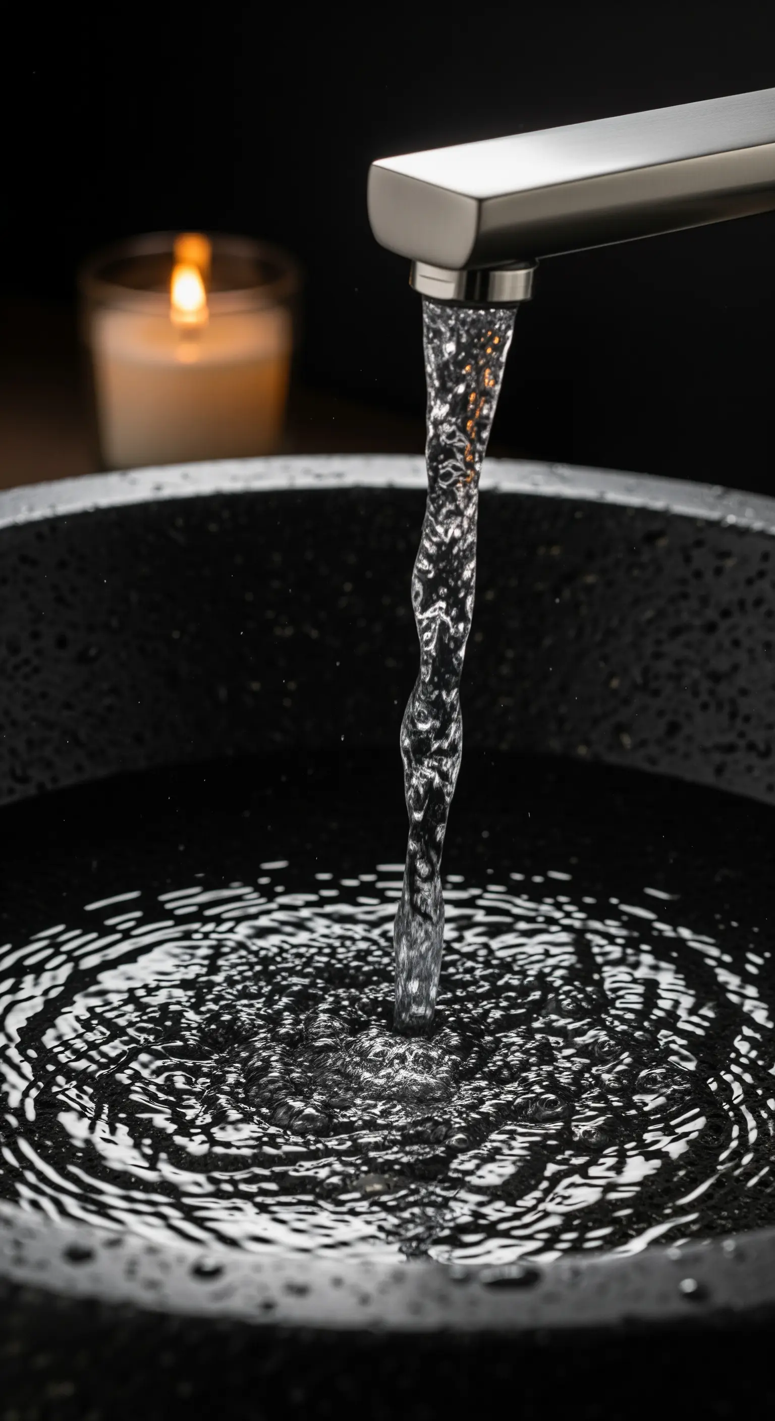Nahaufnahme Wasserstrahl in dunklem Steinbecken mit Kerze