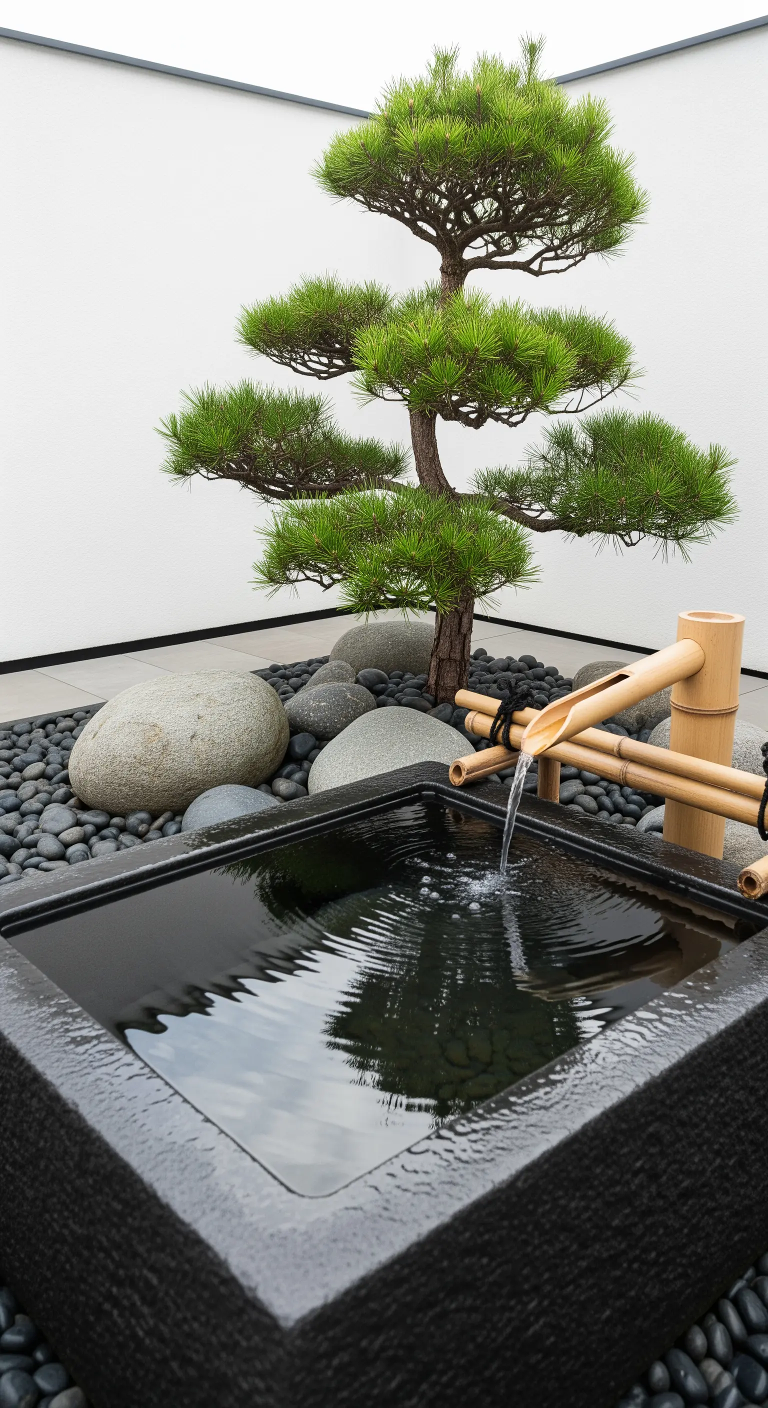 Schwarzes Wasserbecken mit Bambusbrunnen und Kiefer