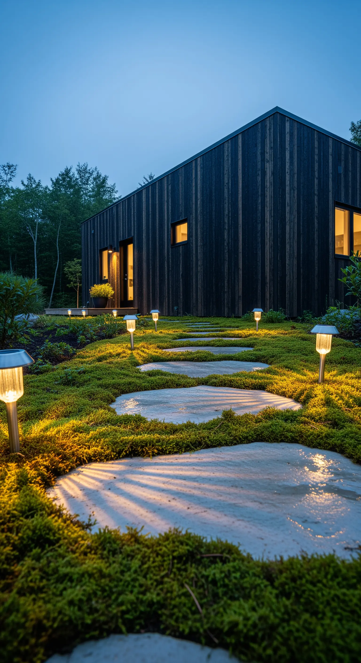 Beleuchteter Gartenweg mit Solarleuchten im Moosbeet