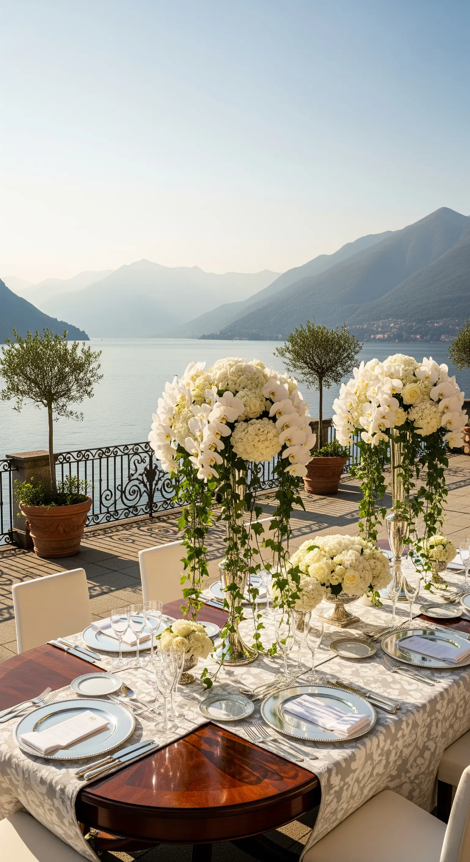 Tisch am Seeufer mit hohen weißen Blumenarrangements und Silber