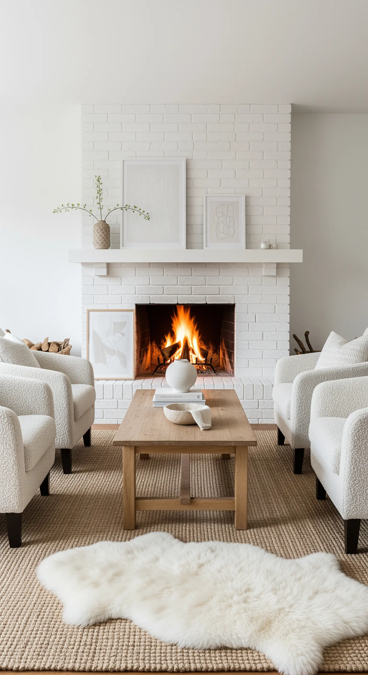 Weißer Backsteinkamin mit zwei Bouclé-Sesseln und Holz-Tisch