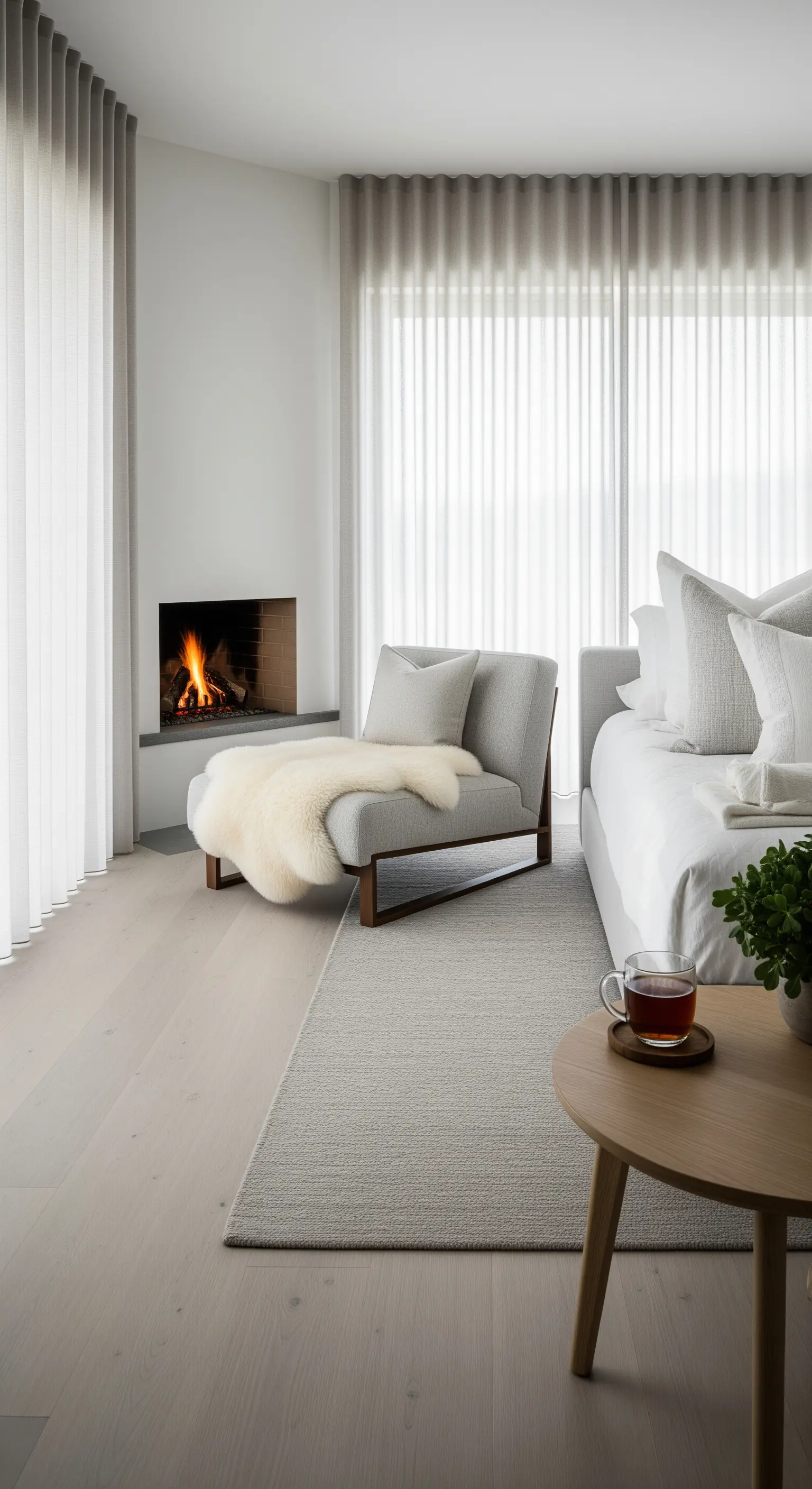 Weiße Wellenvorhänge neben modernem Kamin