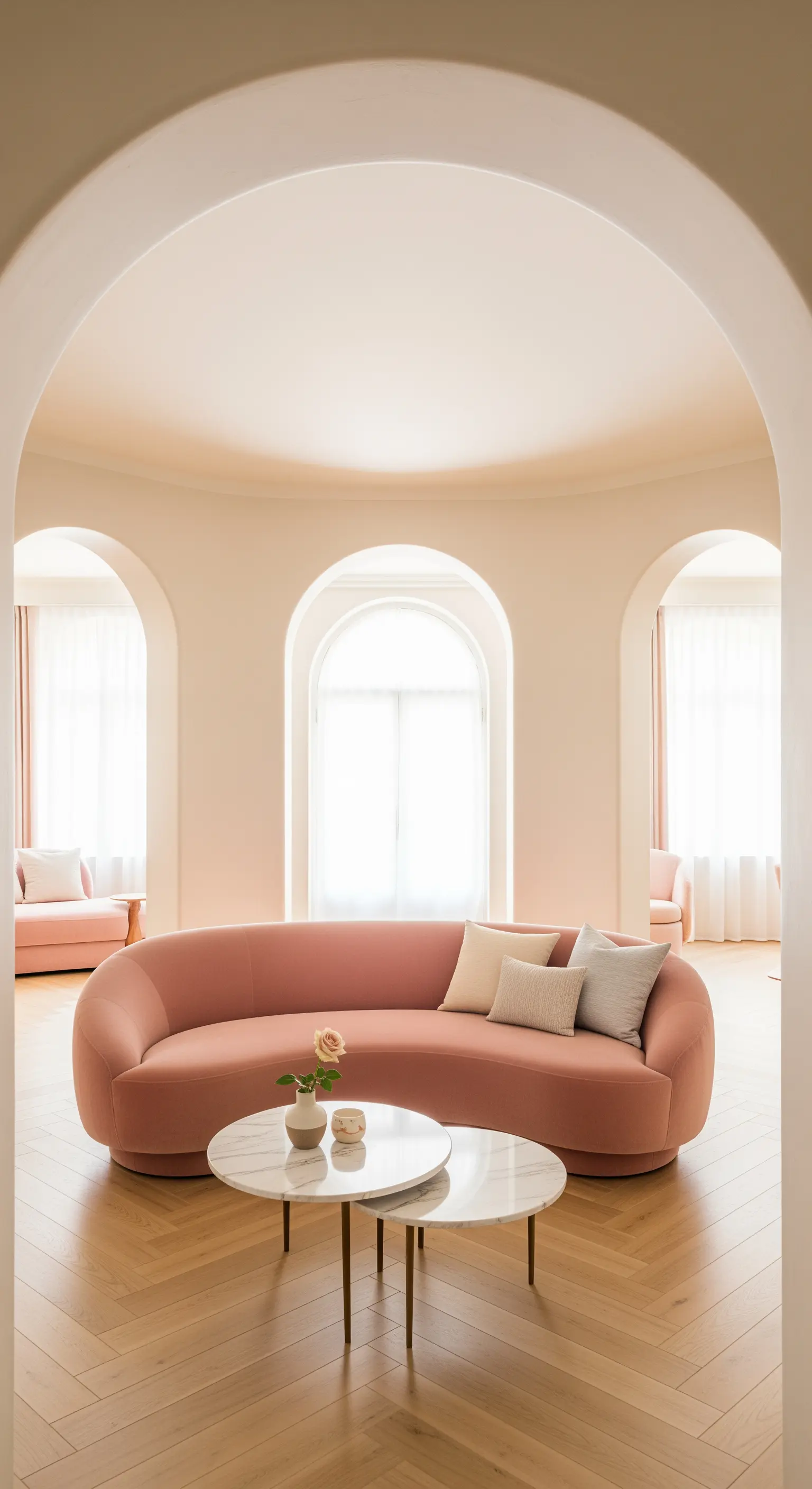 Rosa gebogenes Sofa in Raum mit Bogenfenstern