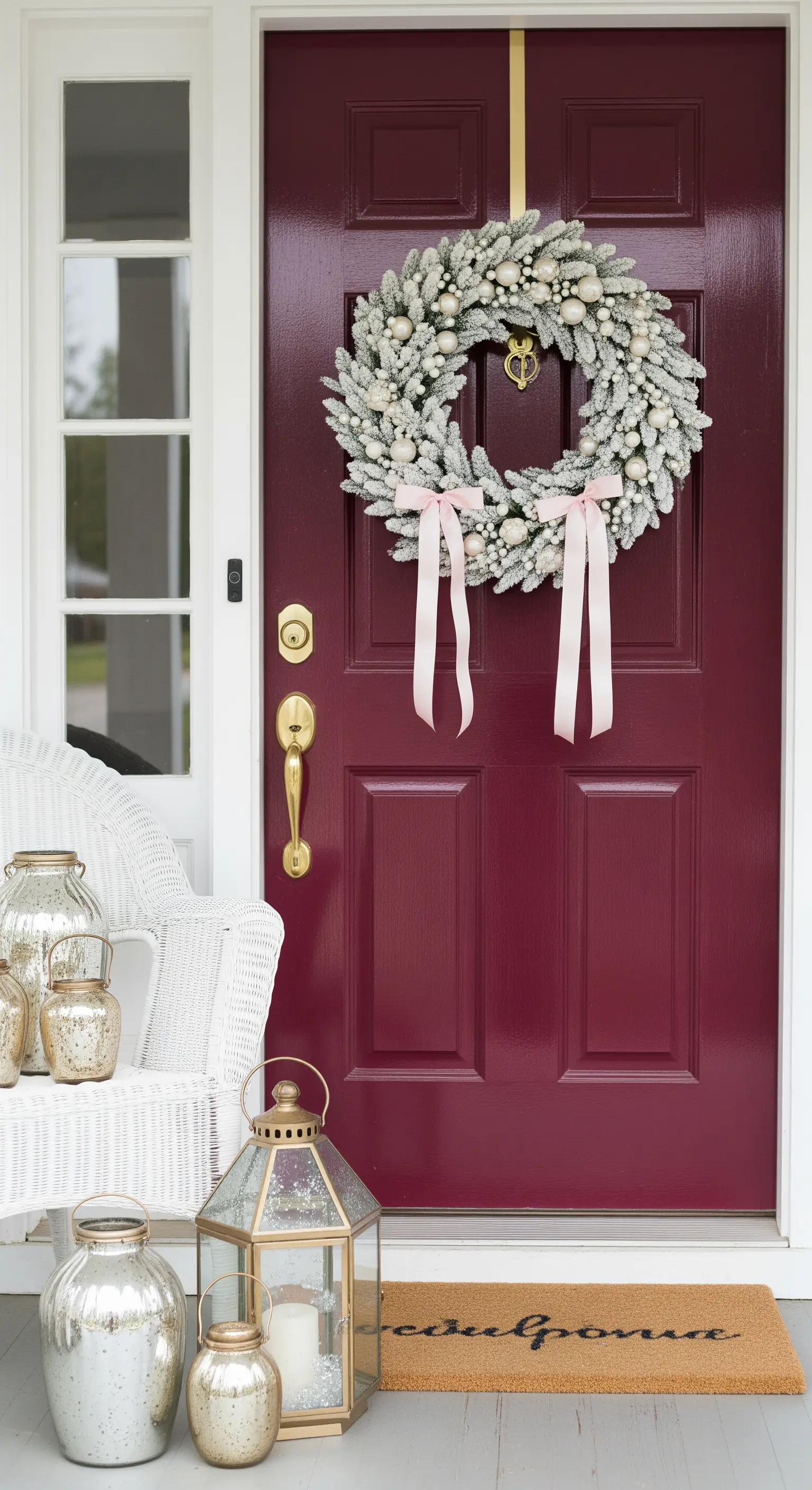 Dunkelrote Tür mit weißem Kranz und rosa Schleifen