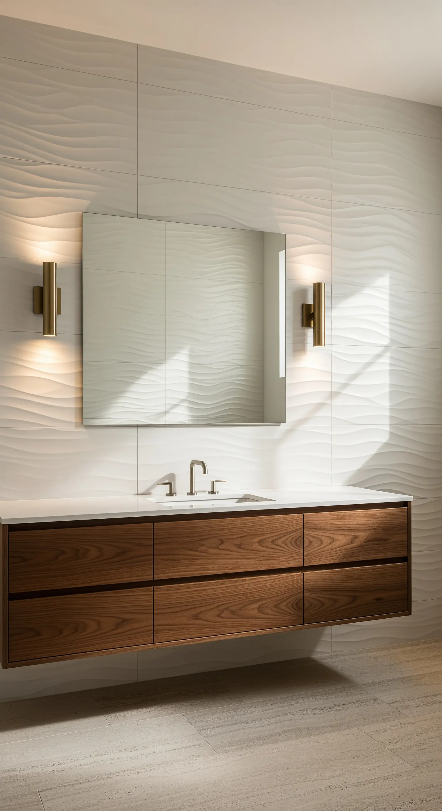 Waschtisch vor Wandfliesen mit 3D-Wellenstruktur