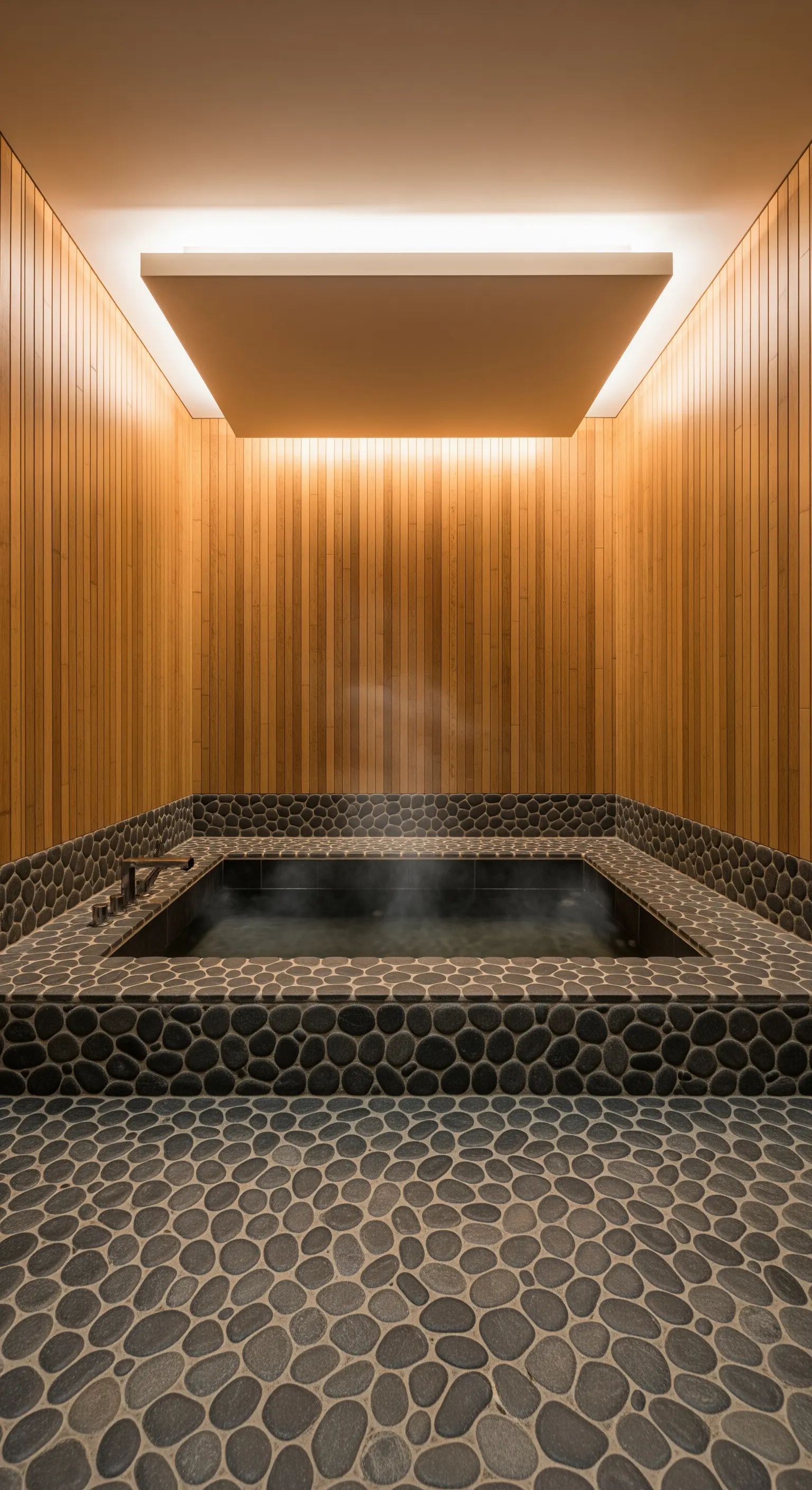 Holzverkleidetes Bad im Sauna-Look mit versenkter Wanne und Deckenlicht