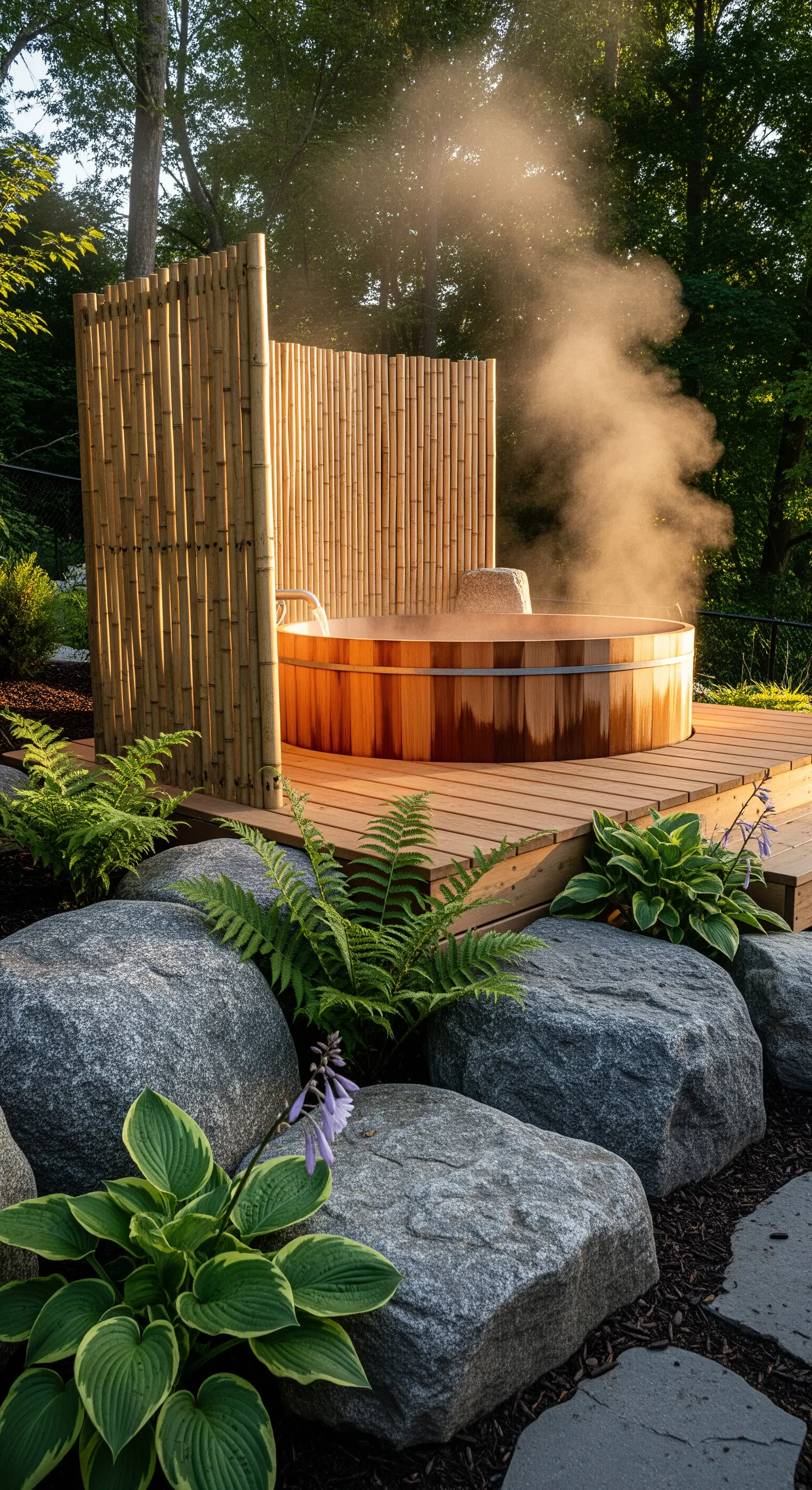 Hölzerner Hot Tub mit Bambus-Sichtschutzwand und Dampf