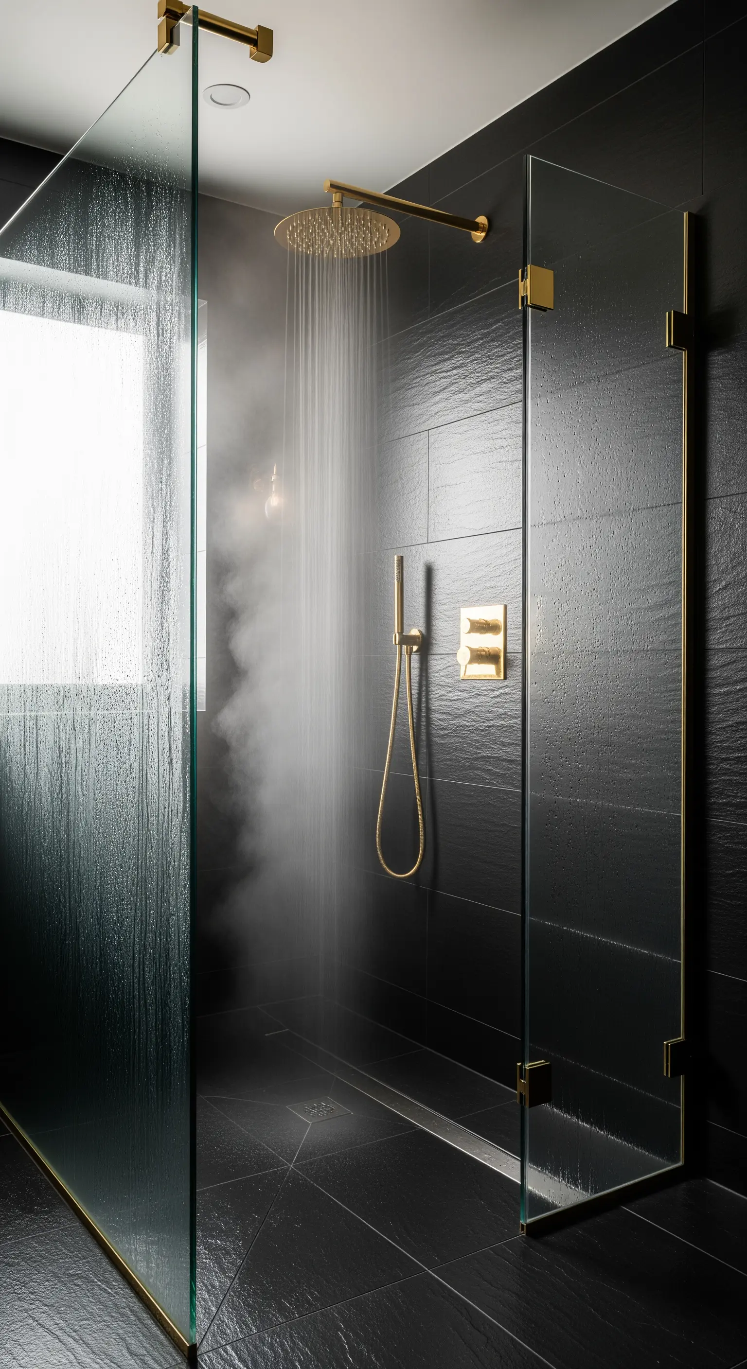 Schwarze Dusche mit goldenem Regenduschkopf