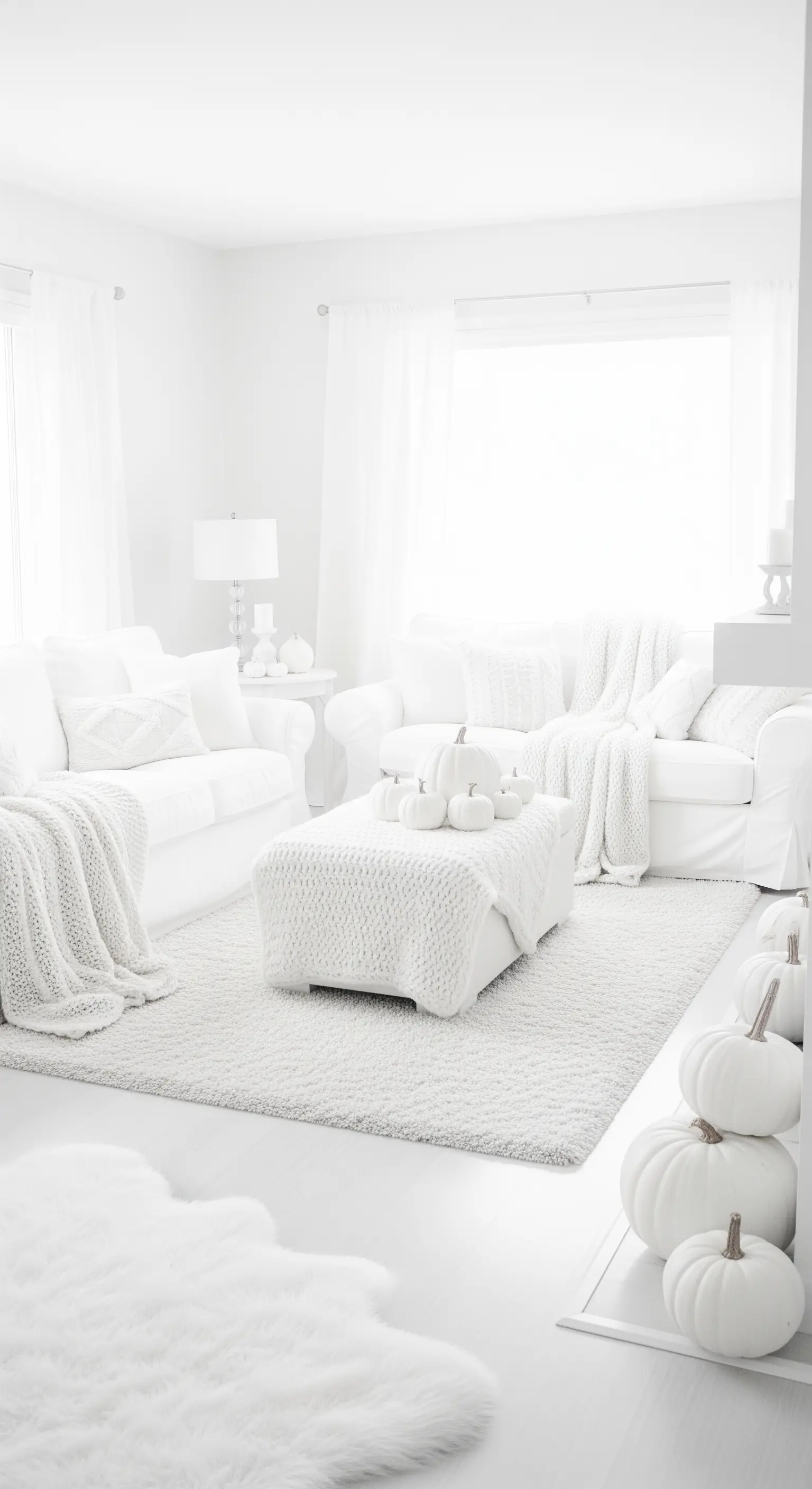 Komplett weißes Wohnzimmer mit weißen Kürbissen