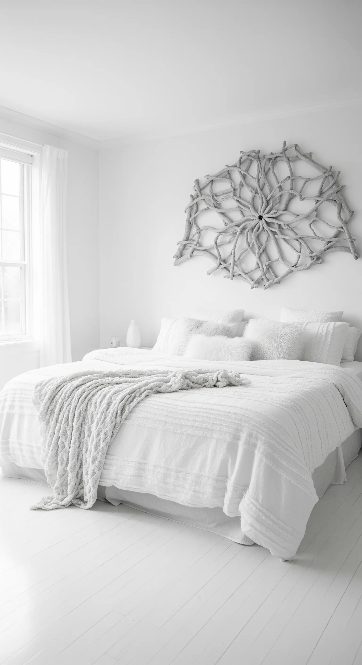 Weißes Schlafzimmer mit Treibholz Wanddeko