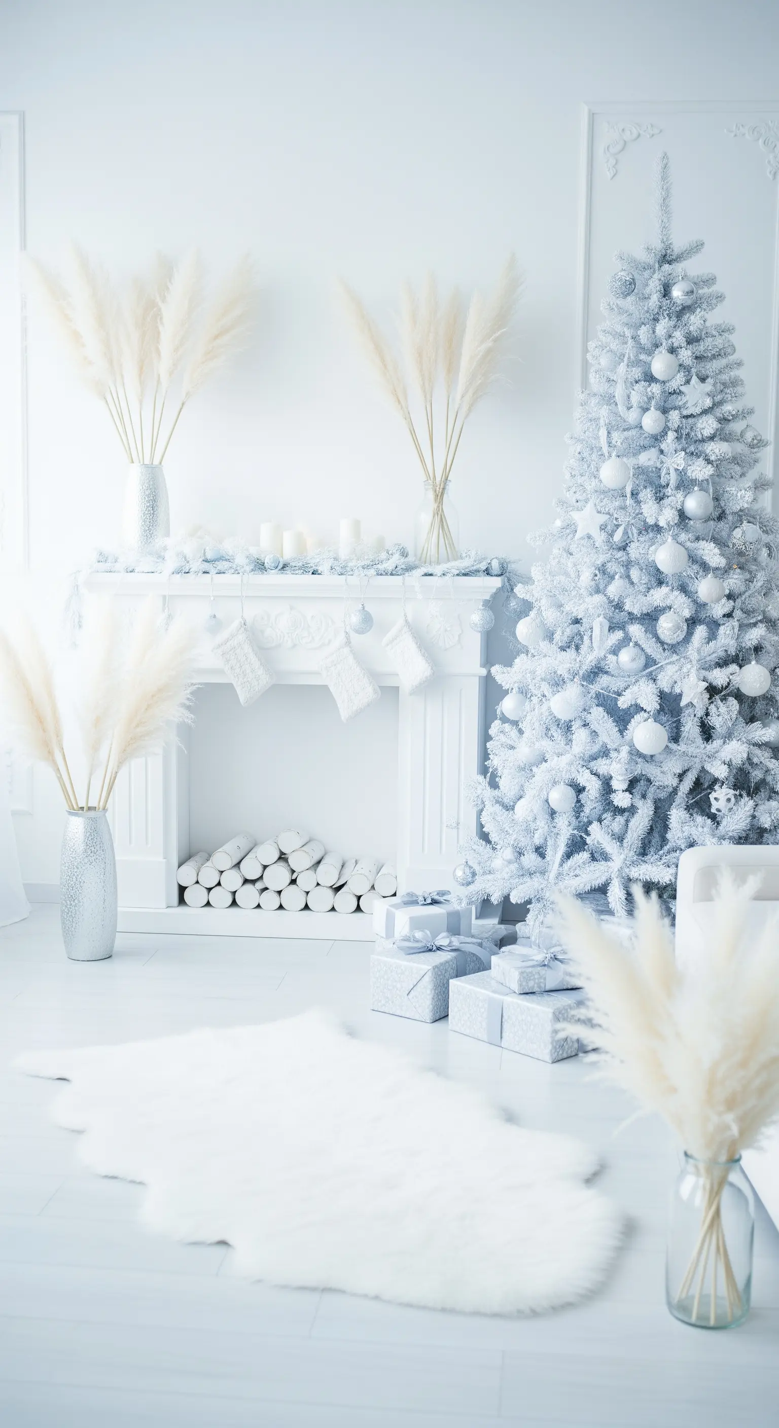 Weißer Raum mit weißem Weihnachtsbaum und weißer Pampas-Deko