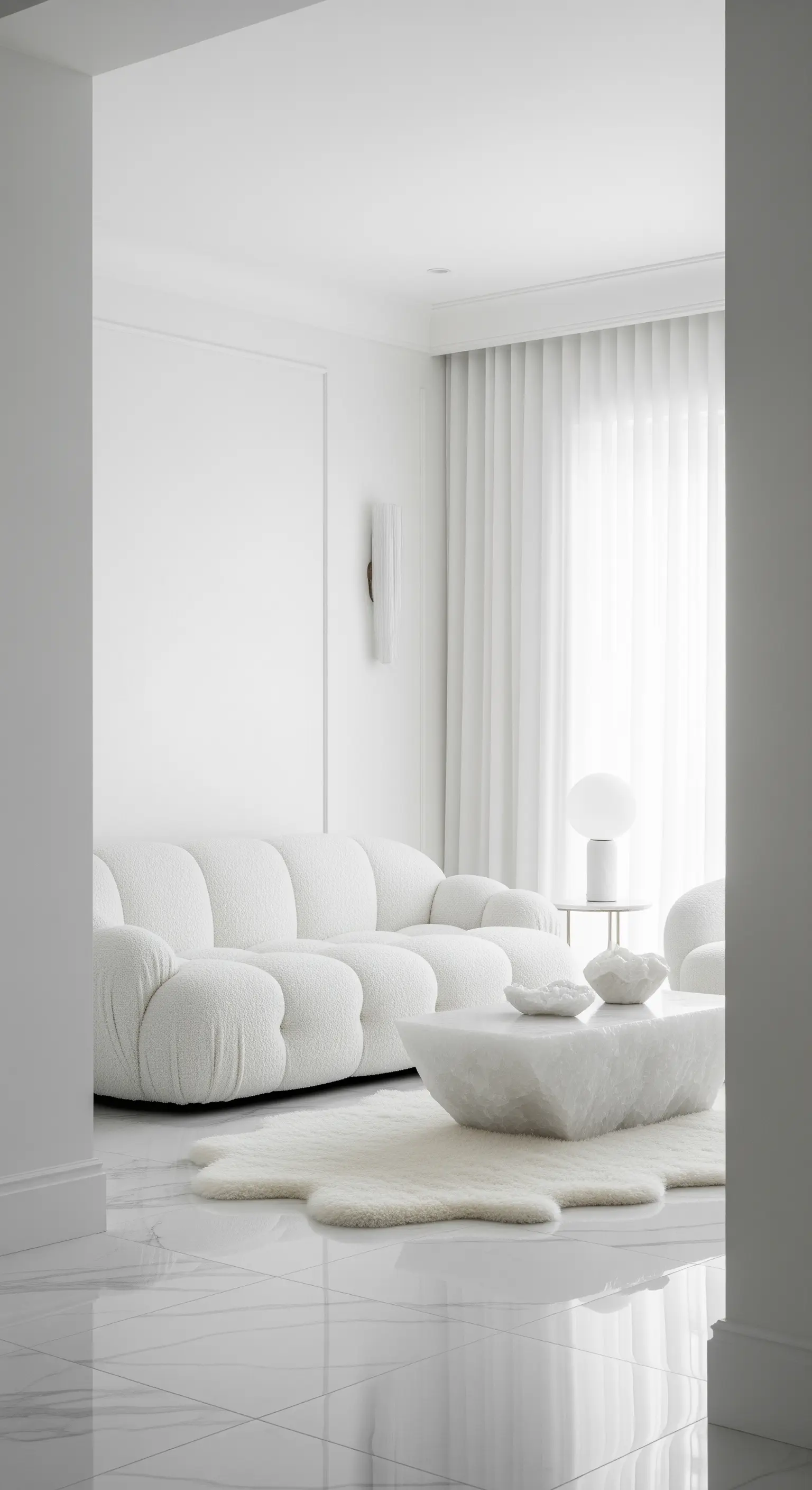 Futuristisches weißes Wohnzimmer mit skulpturalem Sofa