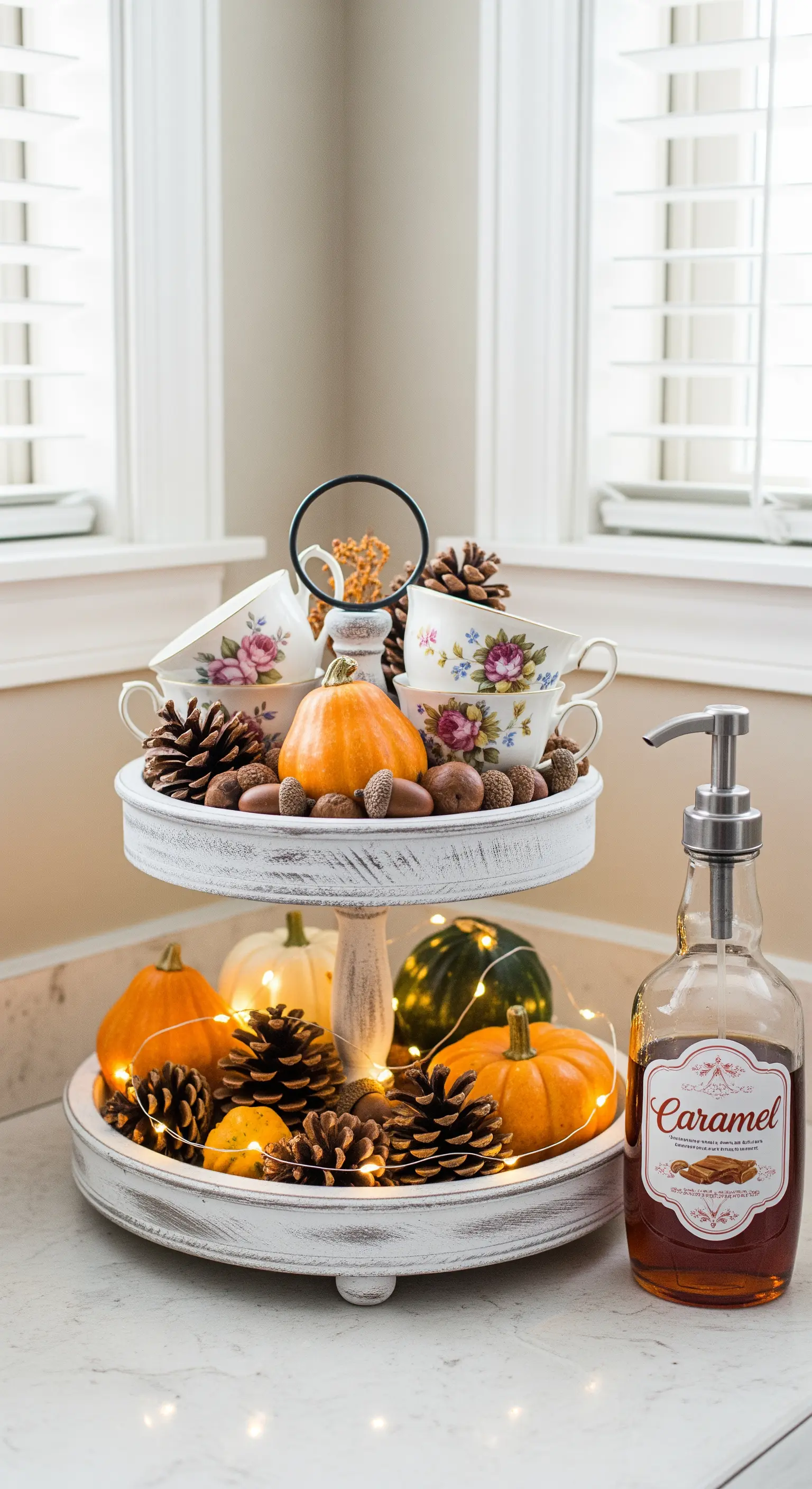 Weiße Holzetagere mit Vintage-Tassen, orangen Kürbissen und Lichterkette